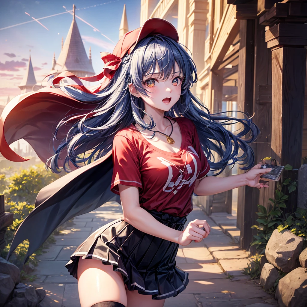 Red Blue Hair、Golden Eyes、Braid、One good looking girl、solo、anime、Checkered mini skirt、Ruffles on the skirt、Red T-shirt、Cape、Gothic、Black knee-high socks、Wearing a baseball cap、Wearing a ribbon、Ribbon on waist、Tilting face、Teeth are visible、Sunset sky、Piercing the clouds、Contrail、Cumulonimbus、Pillar of Light、Silver coin necklace、A world of light、shine、Tap from above、bell、torii、Desert Oasis、Magic square in the sky