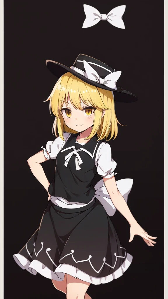 1girl, , , masterpiece, best quality, 10 years old, medium blonde hair, forehead visible bags, yellow eyes, hat, heart, black headwear, puffy short sleeves, log black skirt, heart hads,,1girl, solo, yellow eyes, yellow hair, bow, hat bow, socks, black footwear, black skirt, short sleeves, yuki (touhou), black vest, white sleeves, frill skirt, light smile