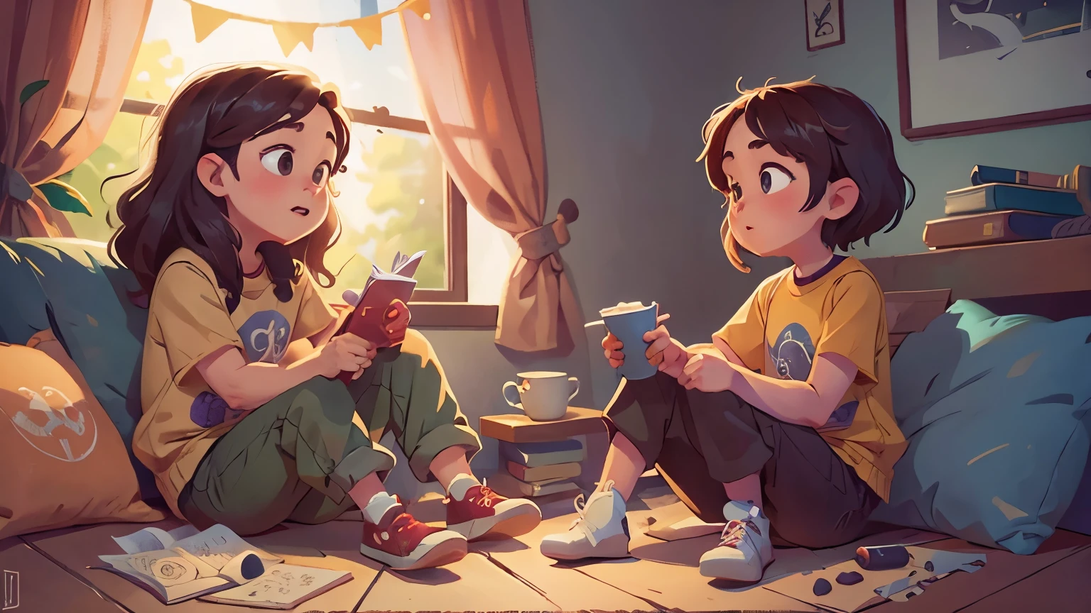 Two best friends sitting and talking, 8K, high detailed, Disney Pixar style, calm and heartwarming scene