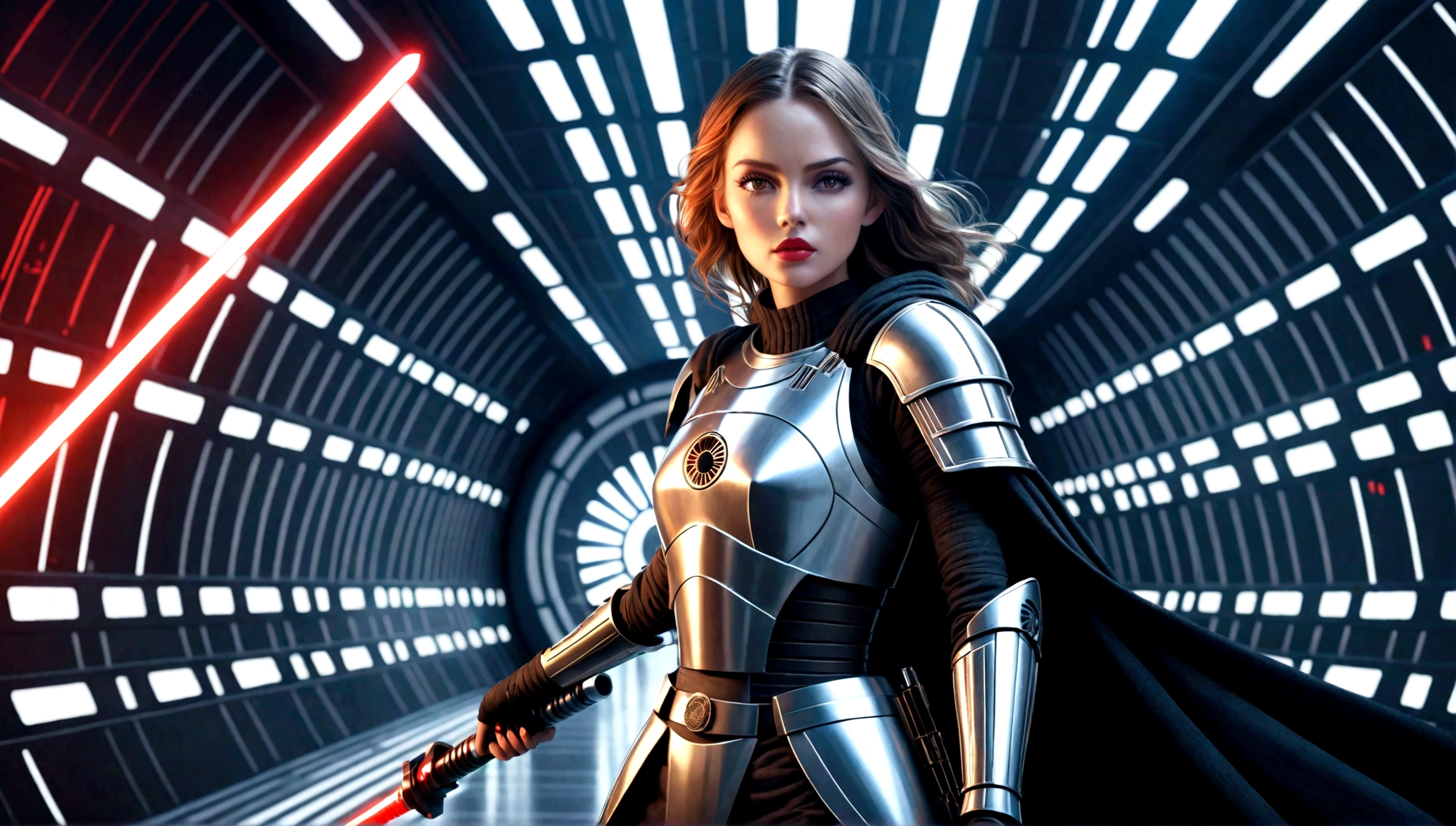 A detailed female knight, cloak, beautiful detailed eyes, beautiful detailed lips, extremely detailed face, long eyelashes, wielding a glowing lightsaber, slashing through the metallic hallway of the Death Star, dramatic lighting, cinematic composition, vibrant colors, photorealistic, 8K, high quality, intricate details, dynamic action, science fiction, cinematic style