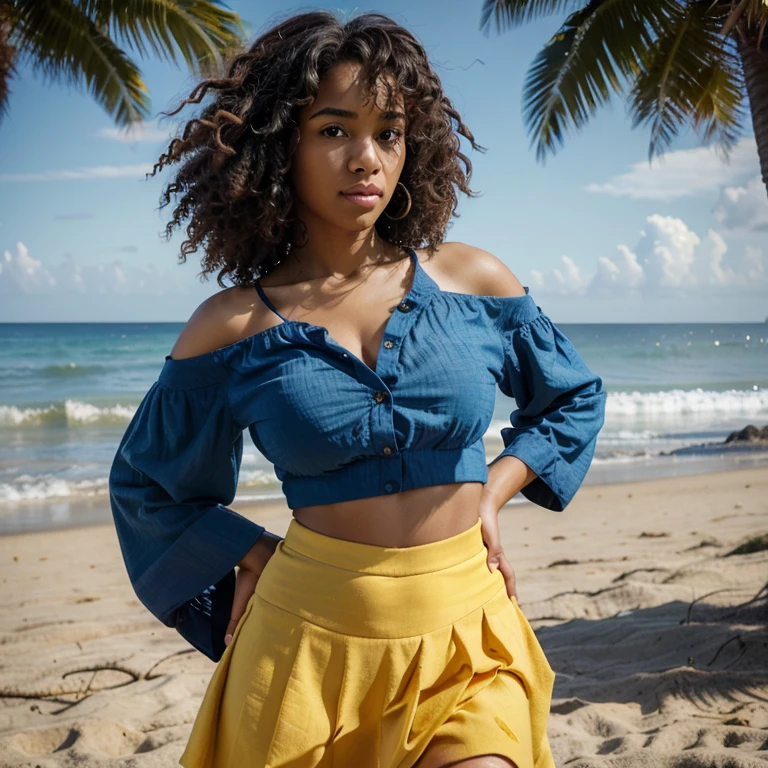 Ultra-realistic, 4k, professional photo, 22 year old girl, black girl, big curly hair, HDR, detailed face, medium body, yellow skirt with flower, (open unbuttoned blue shirt), Masterpiece, (lighting), (1solo), beach background, realistic background, realistic photo, topless