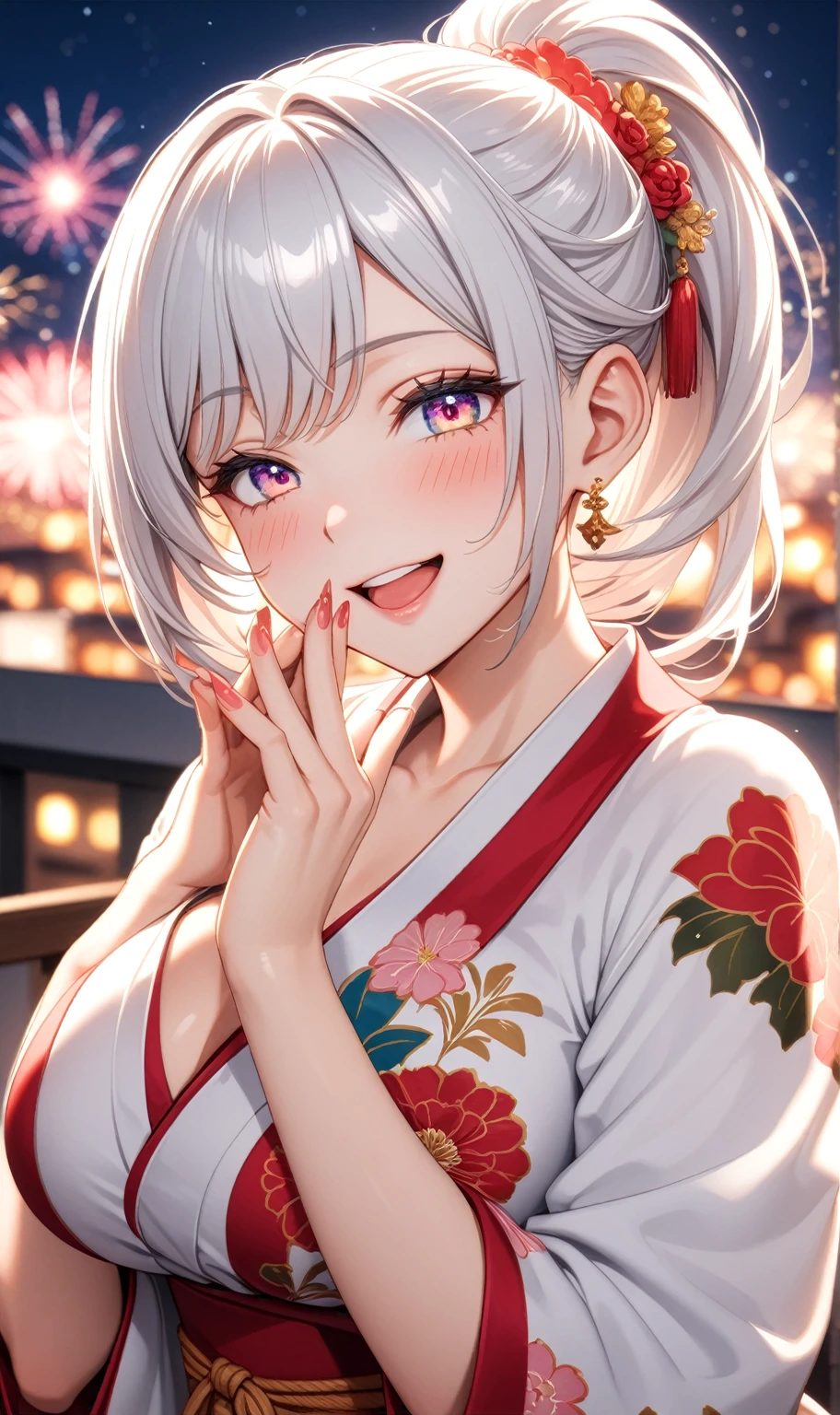 ((one personの女性)), Beautiful Face,Laughing embarrassedly,Laughing with your mouth open,((Wink:2.0)),(Bright red cheeks),Glossy pink lips,night,rooftop,firework,((Anime style background)),masterpiece, highest quality, so beautiful, Latest, Complex details, (Pink long nails),(ring),AI-generated, Complex,High resolution, highest quality, super high quality,3D Images、View your viewers、3D Images,one person,Long white hair,High Ponytail,blue eyes,Anime woman posing for a photo, ((Fine grain、Platinum colorful eyes、Shining Eyes:1.3)),(Squint your eyes:1.1),a hyperRealistic , hyperRealistic , Realistic,Anime woman with long and white hair, Smooth anime CG art, A woman in a colorful kimono with gold embroidery, (White kimono),Red floral pattern,Long flower hair ornament,Big earrings,Mature Body,(Big Breasts:1.1),Tall,Big Ass,Fine details,Narrow waist,Abdominal muscles,(Face close-up:1.1),(clasping their hands in front of their mouth with a delighted expression),