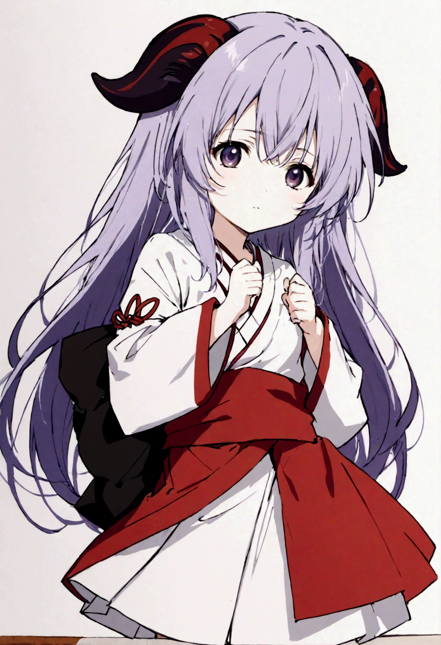 score_9, score_8_up, score_7_up, score_6_up, source_anime,BREAK , 1girl, hanyuu, solo, (tween:1.2), kawaii, ((horns)), medium breasts, purple eyes, purple hair, long hair, simple background, white background, japanese clothes, miko, skirt, hakama, hakama skirt, red detached sleeves, red hakama,v_arms,,straight-on,,anime screencap, anime coloring