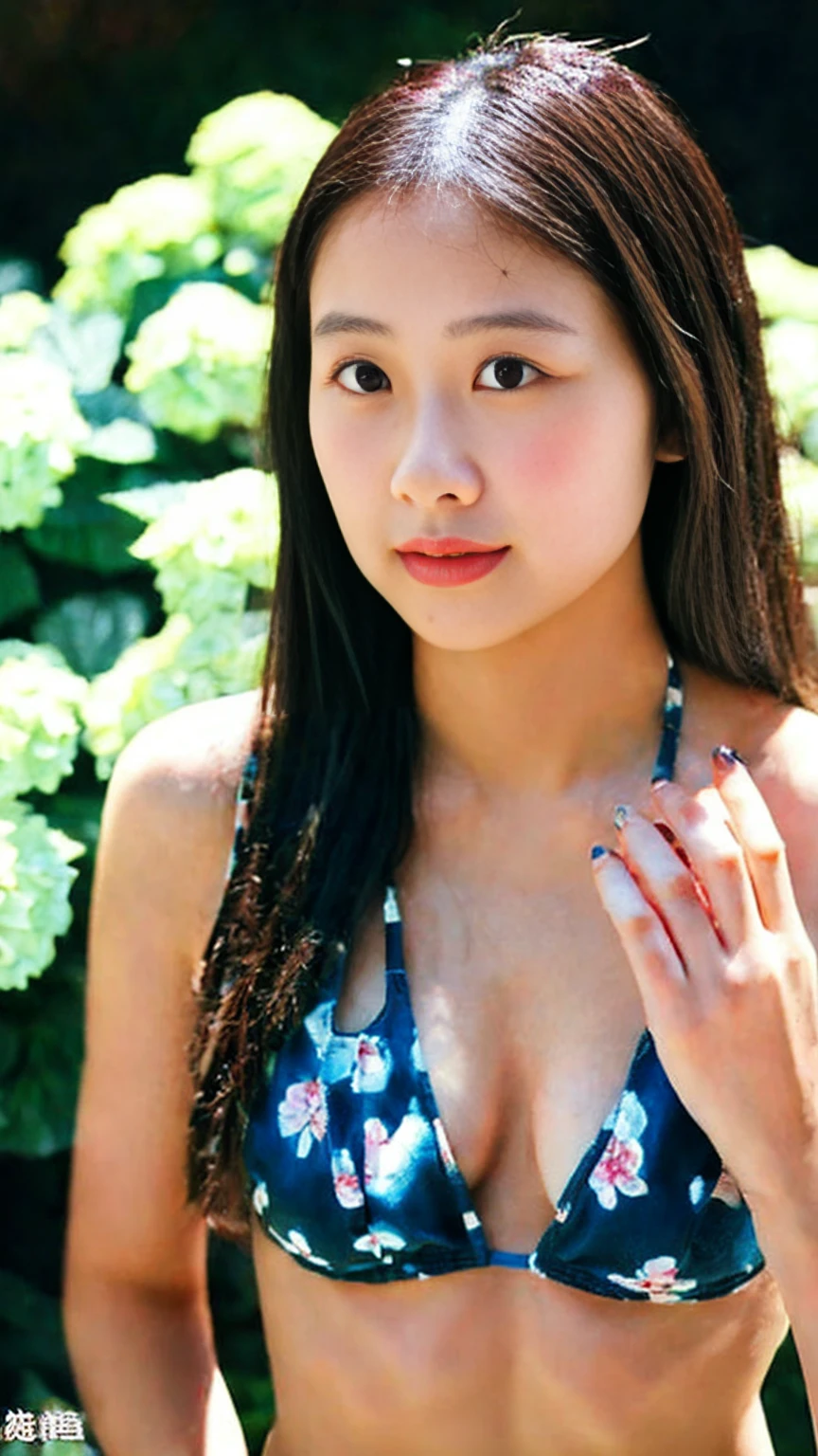 最high quality、high quality、Best image quality、8k、Floral Bikini、最High resolution、High resolution、最high quality、masterpiece、RAW Photos、whole body写真、Detailed and realistic human body、Detailed and realistic skin、Realistic face in every detail、Detailed and realistic eyes、Detailed and realistic lips、Detailed and realistic teeth、Detailed and realistic ears、Detailed and realistic hair、Realistic reproduction of every detail、Realistic fingers in every detail、(Beautiful Hands、thumb1reference4)、Realistic feet down to the last detail、((Beautiful Japanese Woman))、(Japanese Model)、((21 year old beautiful woman))、(Black Hair)、(Straight hair)、((whole body))、(Slim and perfect figure)、(whole body光沢肌、Fair skin)、Detailed and realistic human body、Detailed and realistic skin、Realistic face in every detail、Realistic fingers in every detail、Detailed realistic feet、Soft natural light、Japanese garden、A 360-degree view of the hydrangea fields、((Standing in the middle of a hydrangea field(A woman surrounded by hydrangeas))、Poses to make your thighs look beautiful,whole bodyポーズ、front、Focus on the chest