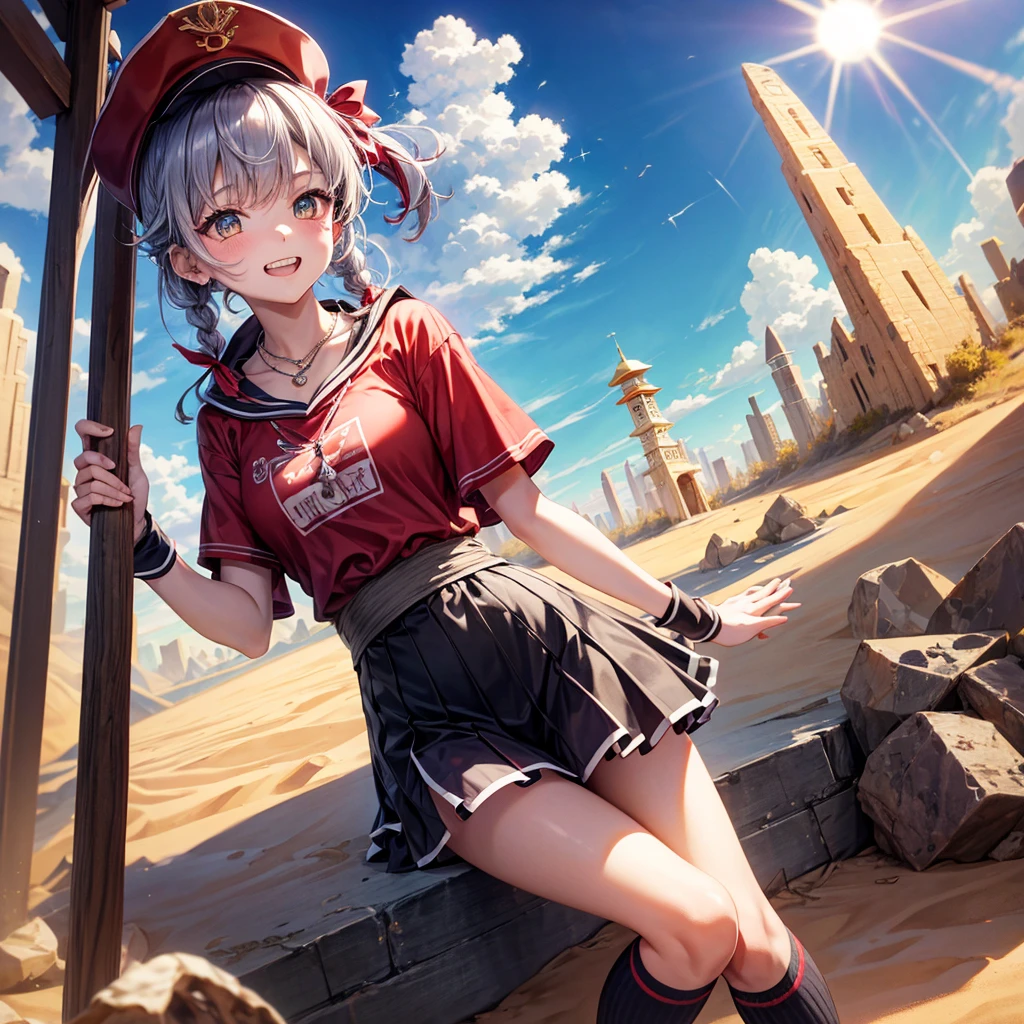 Red Blue Hair、Golden Eyes、Braid、One good looking girl、solo、anime、Checkered mini skirt、Ruffles on the skirt、Red T-shirt、Cape、Gothic、Black knee-high socks、Wearing a baseball cap、Wearing a ribbon、Ribbon on waist、Tilting face、Teeth are visible、Sunset sky、Piercing the clouds、Contrail、Cumulonimbus、Pillar of Light、Silver coin necklace、A world of light、shine、Tap from above、bell、torii、Desert Oasis、Magic square in the sky