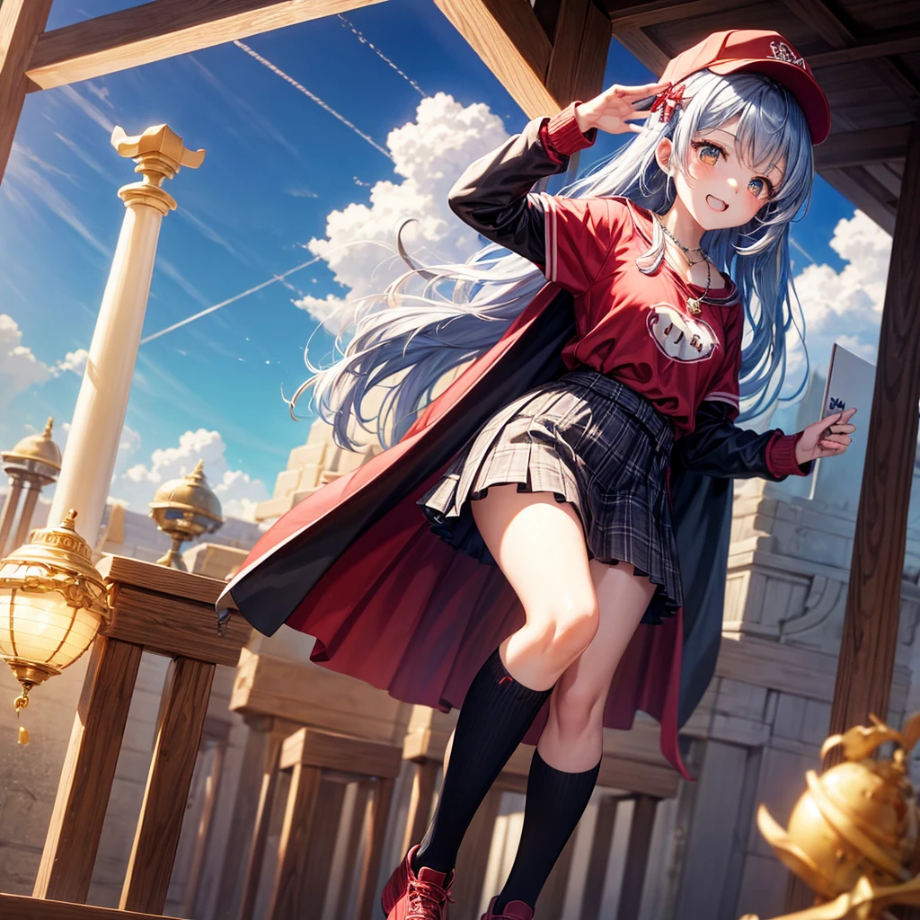 Red Blue Hair、Golden Eyes、Braid、One good looking girl、solo、anime、Checkered mini skirt、Ruffles on the skirt、Red T-shirt、Cape、Gothic、Black knee-high socks、Wearing a baseball cap、Wearing a ribbon、Ribbon on waist、Tilting face、Teeth are visible、Sunset sky、Piercing the clouds、Contrail、Cumulonimbus、Pillar of Light、Silver coin necklace、A world of light、shine、Tap from above、bell、torii、Desert Oasis、Magic square in the sky