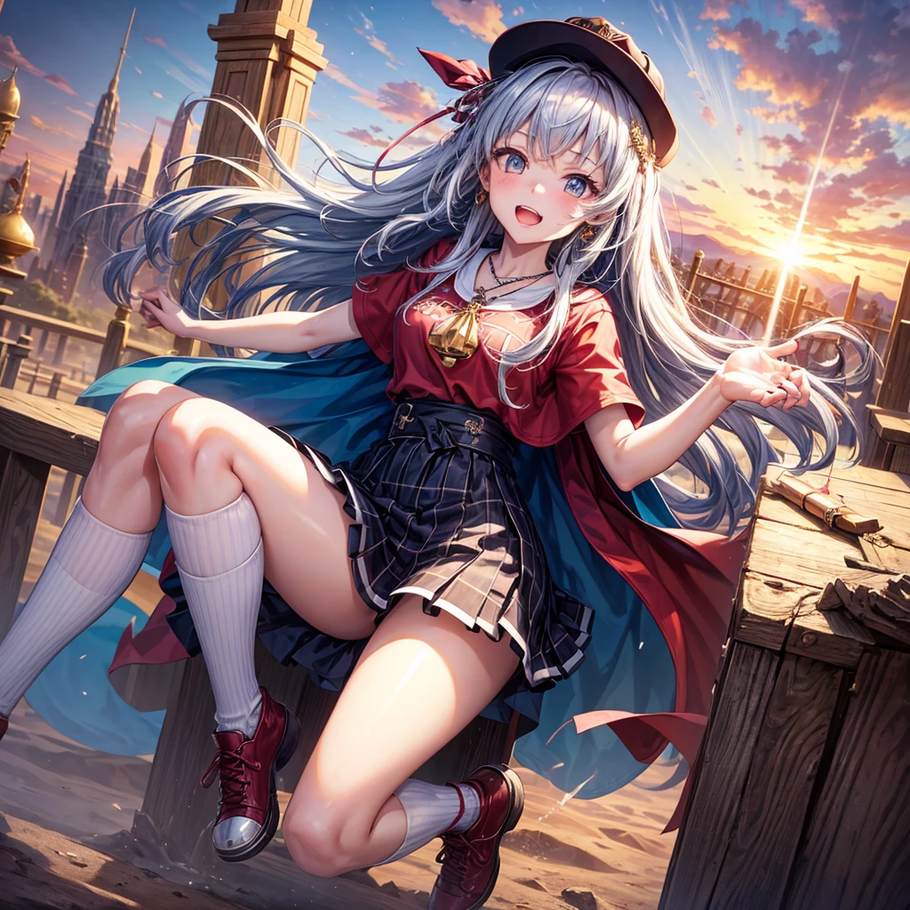 Red Blue Hair、Golden Eyes、Braid、One good looking girl、solo、anime、Checkered mini skirt、Ruffles on the skirt、Red T-shirt、Cape、Gothic、Black knee-high socks、Wearing a baseball cap、Wearing a ribbon、Ribbon on waist、Tilting face、Teeth are visible、Sunset sky、Piercing the clouds、Contrail、Cumulonimbus、Pillar of Light、Silver coin necklace、A world of light、shine、Tap from above、bell、torii、Desert Oasis、Magic square in the sky