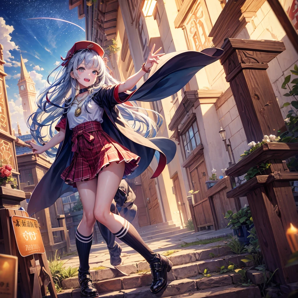 Red Blue Hair、Golden Eyes、Braid、One good looking girl、solo、anime、Checkered mini skirt、Ruffles on the skirt、Red T-shirt、Cape、Gothic、Black knee-high socks、Wearing a baseball cap、Wearing a ribbon、Ribbon on waist、Tilting face、Teeth are visible、Sunset sky、Piercing the clouds、Contrail、Cumulonimbus、Pillar of Light、Silver coin necklace、A world of light、shine、Tap from above、bell、torii、Desert Oasis、Magic square in the sky