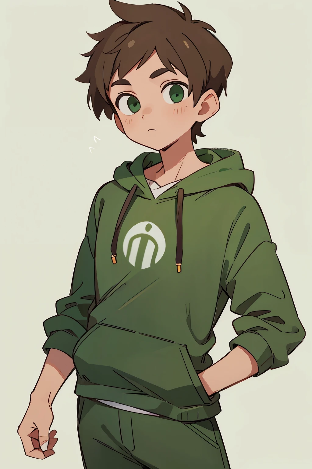 Short brown hair with green hoodie.  boy