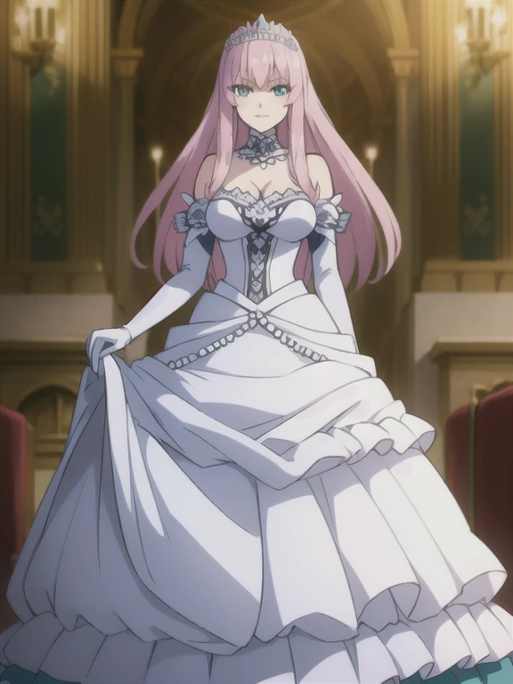 ((Best quality))),((Ultra-detailed)),((illustration)),((Disheveled hair)),((frilld)),(1 girl),(Solo), 1girl,solo,rating:safe,wedding,bare_shoulders,breasts,bridal_gauntlets,bridal_veil,cleavage,clothing,crown,curtsey,dress,drop_earrings,earrings,elbow_gloves,female,female_only,gloves,headdress,headwear,jewelry,layered_dress,long_hair,looking_at_viewer,necklace,skirt_hold,smile,standing,strapless,strapless_dress,tiara,veil,very_long_hair,white_dress,white_footwear,white_gloves, pink_hair,aqua_eyes