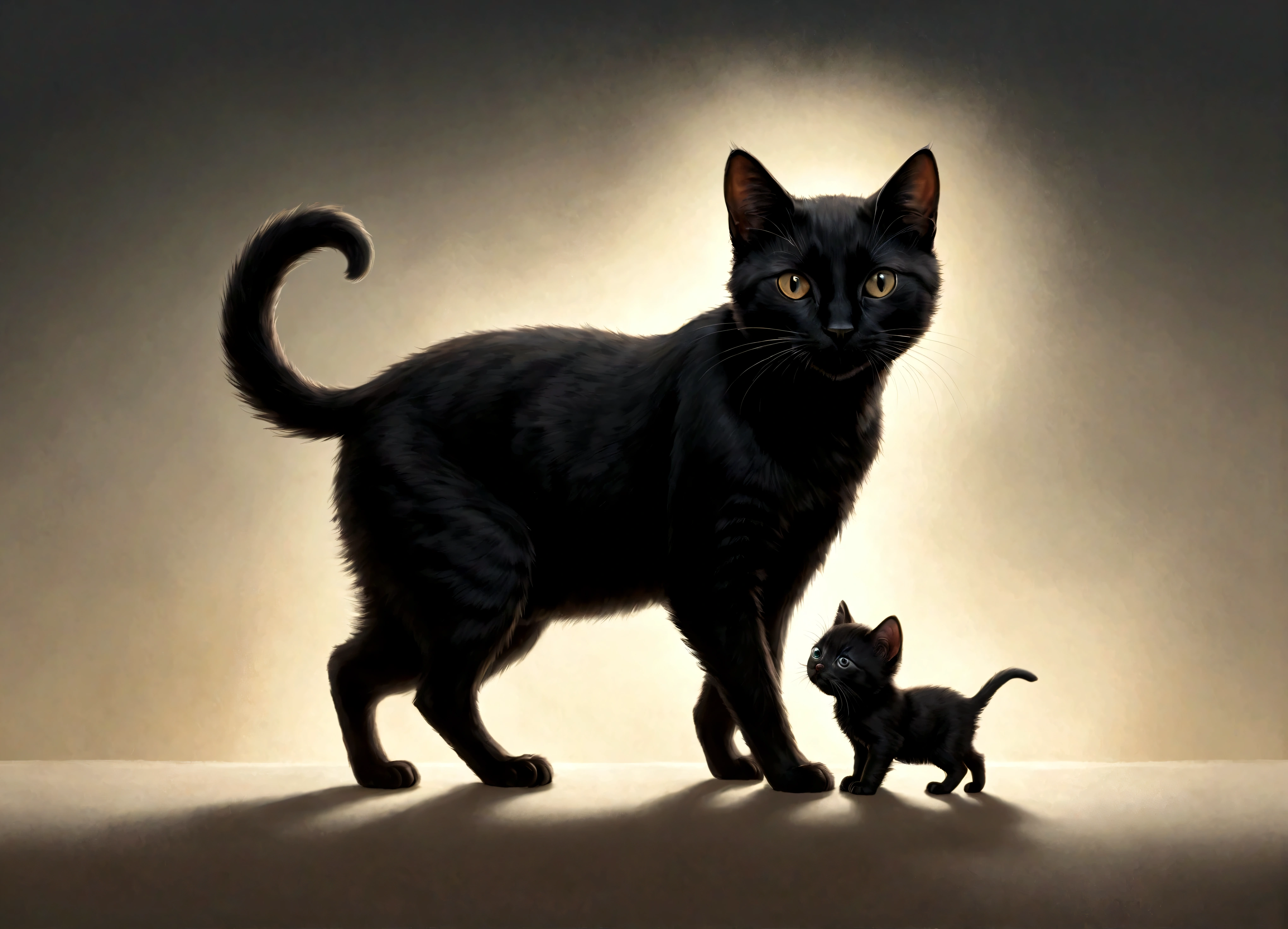An illustration of a black cat parent walking with a newborn baby black kitten in its mouth, high detailed,