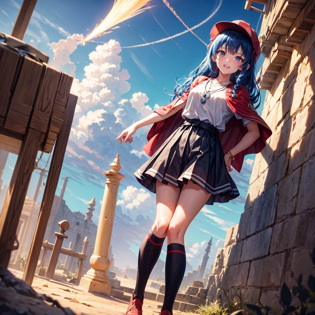 Red Blue Hair、Golden Eyes、Braid、One good looking girl、solo、anime、Checkered mini skirt、Ruffles on the skirt、Red T-shirt、Cape、Gothic、Black knee-high socks、Wearing a baseball cap、Wearing a ribbon、Ribbon on waist、Tilting face、Teeth are visible、Sunset sky、Piercing the clouds、Contrail、Cumulonimbus、Pillar of Light、Silver coin necklace、A world of light、shine、Tap from above、bell、torii、Desert Oasis、water is gushing out