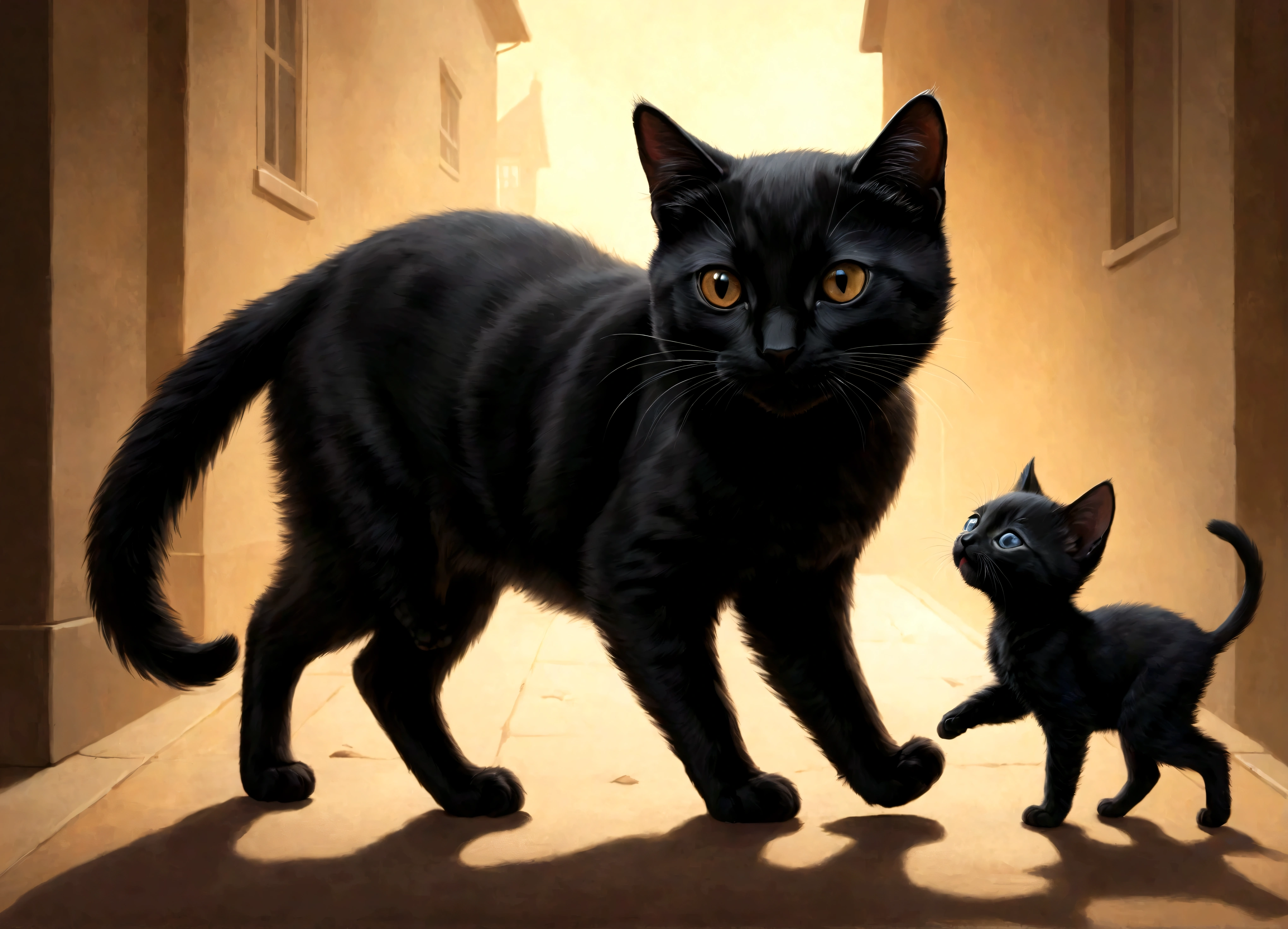 An illustration of a black cat parent walking with a newborn baby black kitten in its mouth, high detailed,