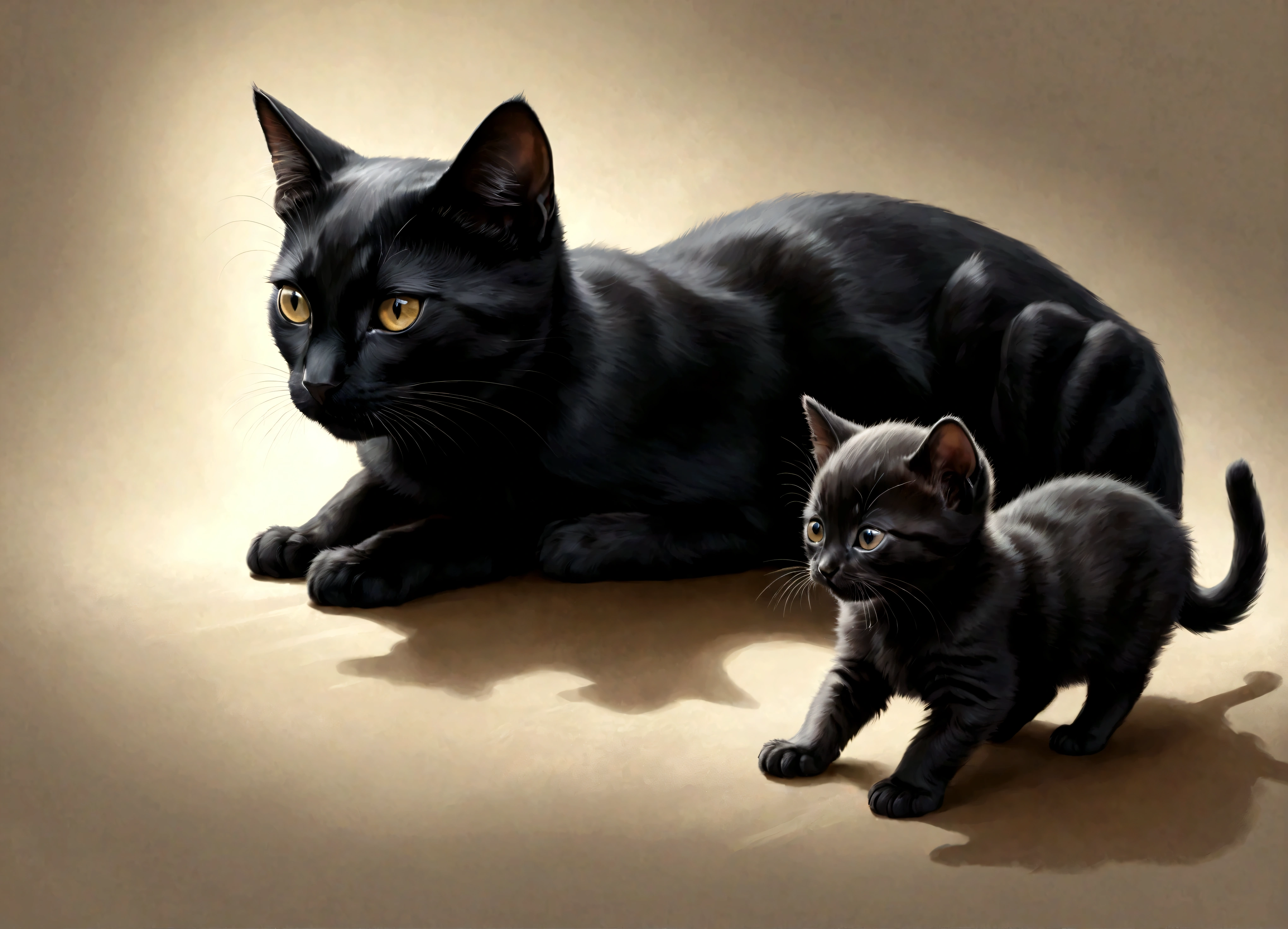 An illustration of a black cat parent walking with a newborn baby black kitten in its mouth, high detailed,