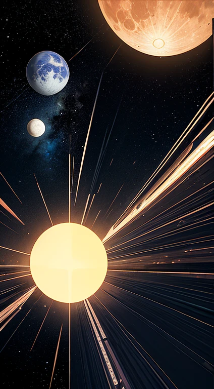 ８k、Masterpiece、Space、Space colony on the left side of the screen、sun in the center of the screen、The moon on the right side of the screen、A large spaceship flying towards a space colony