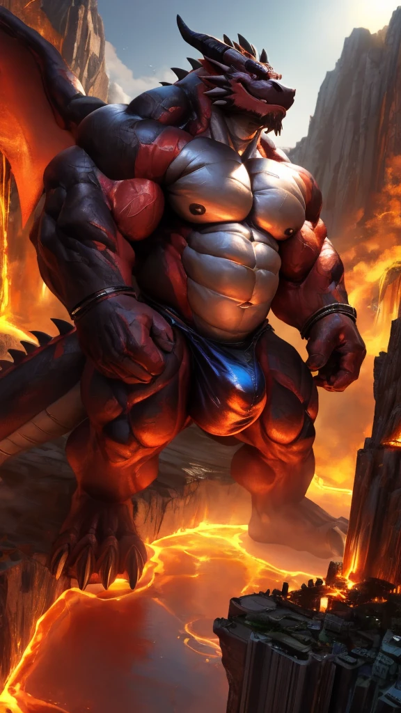 lindong, zoroj. drone view, side view:1.2, a huge muscular dragon (lbath:1.5) in lava, mountain, horn, wearing white shorts:1.2, night, huge bulge, macro shot over a earth, (macro bigger than earth):1.2, earth, gigantic, hyper detailed, photorealistic , cinematic lighting, 8k, hyper detailed, macro, cinematic lighting, 8k, photorealistic, award winning digital art