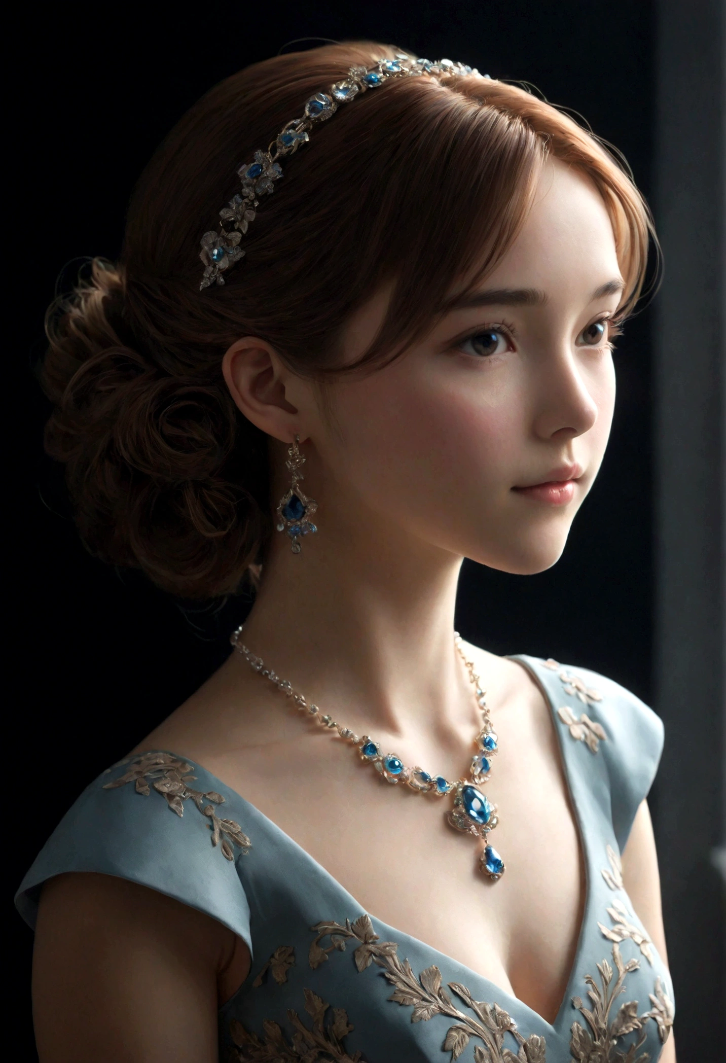 best quality, masterpiece, high resolution, 1 Girl, Porcelain dress, Hair accessories, necklace, Jewelry, Pretty Face, Physically, Tyndall effect, Practical, Dark Studio, Side lighting, Two-color lighting, (High Detail Skin: 1.2), 8K UHD, Digital SLR Camera, Soft Light, high quality, Volumetric Light, frank, photo, high resolution, 4k, 8K, Background blur,