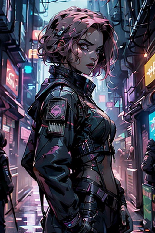 ((ultra realistic illustration:1.2)),(cyberpunk:1.4),(dark sci-fi:1.3). Sexy mech pilot, with short pink hair, wearing leather bodysuit, jacket, thigh high boots. Rebellious. Dystopic megacity, Armored Core, Battletech. Front Mission. Masterpiece, (highly detailed:1.2),(detailed face and eyes:1.2), 8k wallpaper, natural lighting. core shadows, high contrast, bokeh.