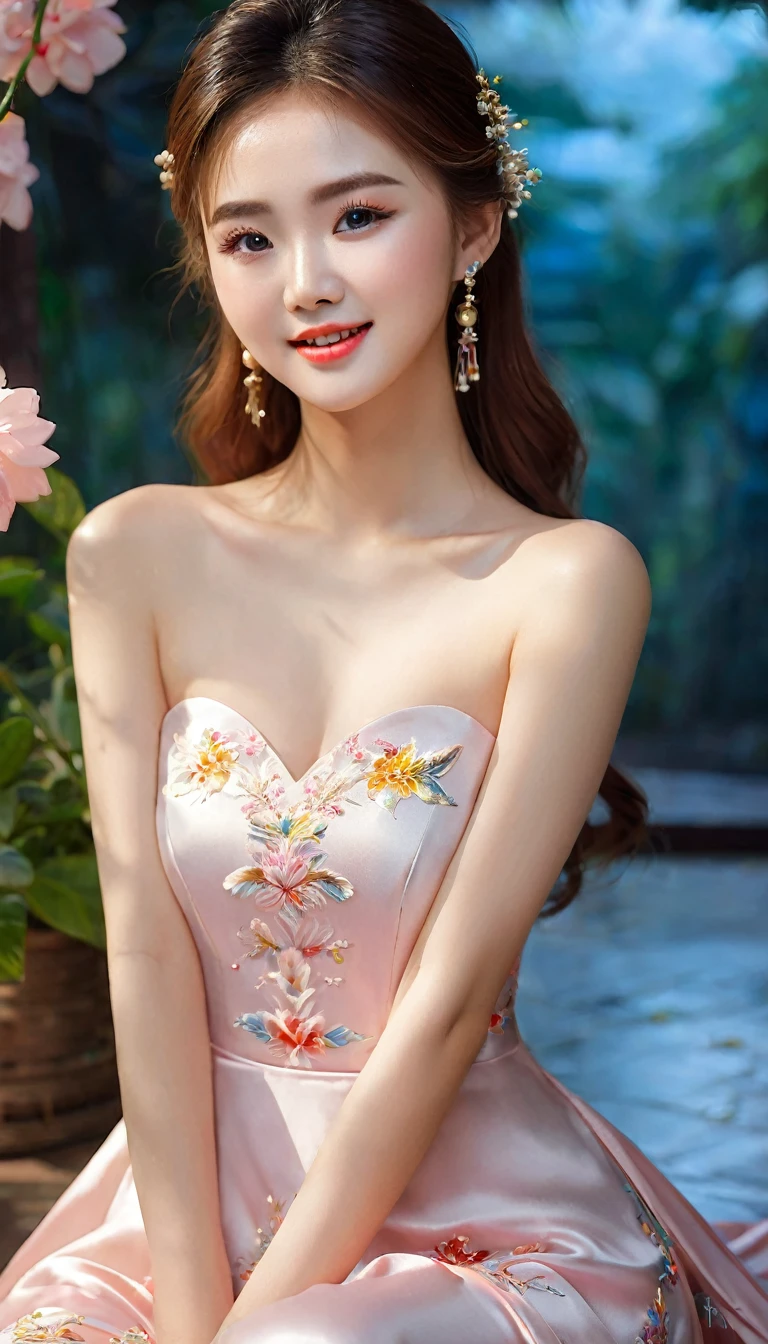 very beautiful girl, asian mixed idol model;
(((Girl wearing a silk dress rents flowers, Leaves, birds, colourful)));
((lifelike:1.2)), ((masterpiece:1.2)), ((Highest quality image)), ((not NSFW)), ((8K)), CG, HD, ((high solution và tương phản)), ((Super nice graphics)), ((professional)), ((màu sắc detail và rực rỡ)), ((Super smooth image)), ((Advanced photography techniques)), ((RAW thật)), ((Kết cấu ảnh perfect));
Complex lighting, yellow-black rays, ((Face lighting));
sunlight ((lấp Leavesnh)), ((illuminate the girl&#39;s body));
glossy pink lips, phấn mắt hồng, eyelash, blush, mỹ phẩm, aa bright white, lỗ chân lông detail, da stretch the ball, da stretch the ball; bàn tay perfect, spotless; ivory white skin, ruddy, stretch the ball, shiny;
golden red hair, smooth, floating in the sunlight, detail;
blue eyes, charming, ((trang điểm high solution)), true, ((damp)), detail, phấn mắt hồng; 
two delicate eyelids, đẹp perfect, detail, eyelash đen;
Arched eyebrows, dear, high solution, detail;
khuôn mặt xinh đẹp và perfect, holiness, light makeup, cân đối perfect, đẹp đến từng detail, ((shiny)), mỹ phẩm;
Beautiful nose, lovely, cao, detail;
blush, prominent cheekbones, detail;
đôi môi charming, glossy pink lips;
Bright smile, pure white teeth, detail;
beautiful hands, perfect, ((error-free)), no disability;
cơ thể siêu perfect, full of life;
big and plump breasts, Raised nipples, Deep chest slit, toning, detail;
mông nở nang, shiny;