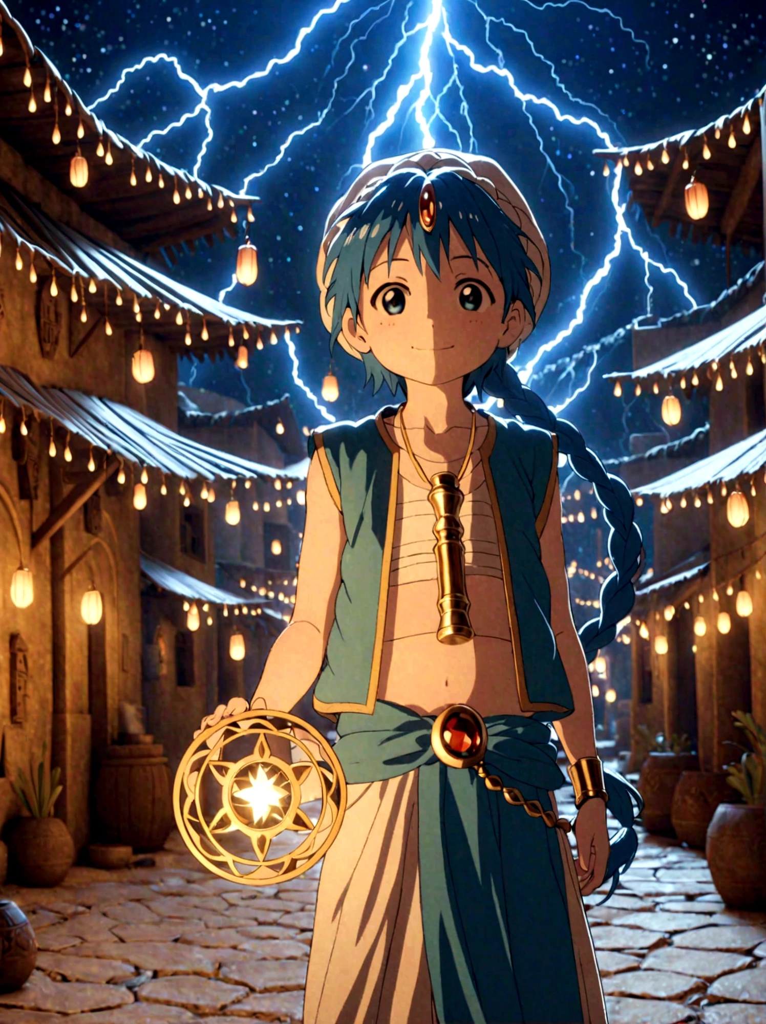 1boy，magi_aladdin，Standing alone in a desert town, He has short blue hair，With a braid，Wear a headscarf，Smiling，A flute pendant hangs around her neck，Wearing a blue vest, A magical explosion can be seen in the background，Super large magic circle，lightning，fighting，Mouth tightly shut，sneer，Soft lighting and detailed environments create an immersive environment，Let your imagination run wild with super details, Ultra-detailed face, High-quality visual effects, Sharp focus, Octane Rendering, 8k, Ultra HD