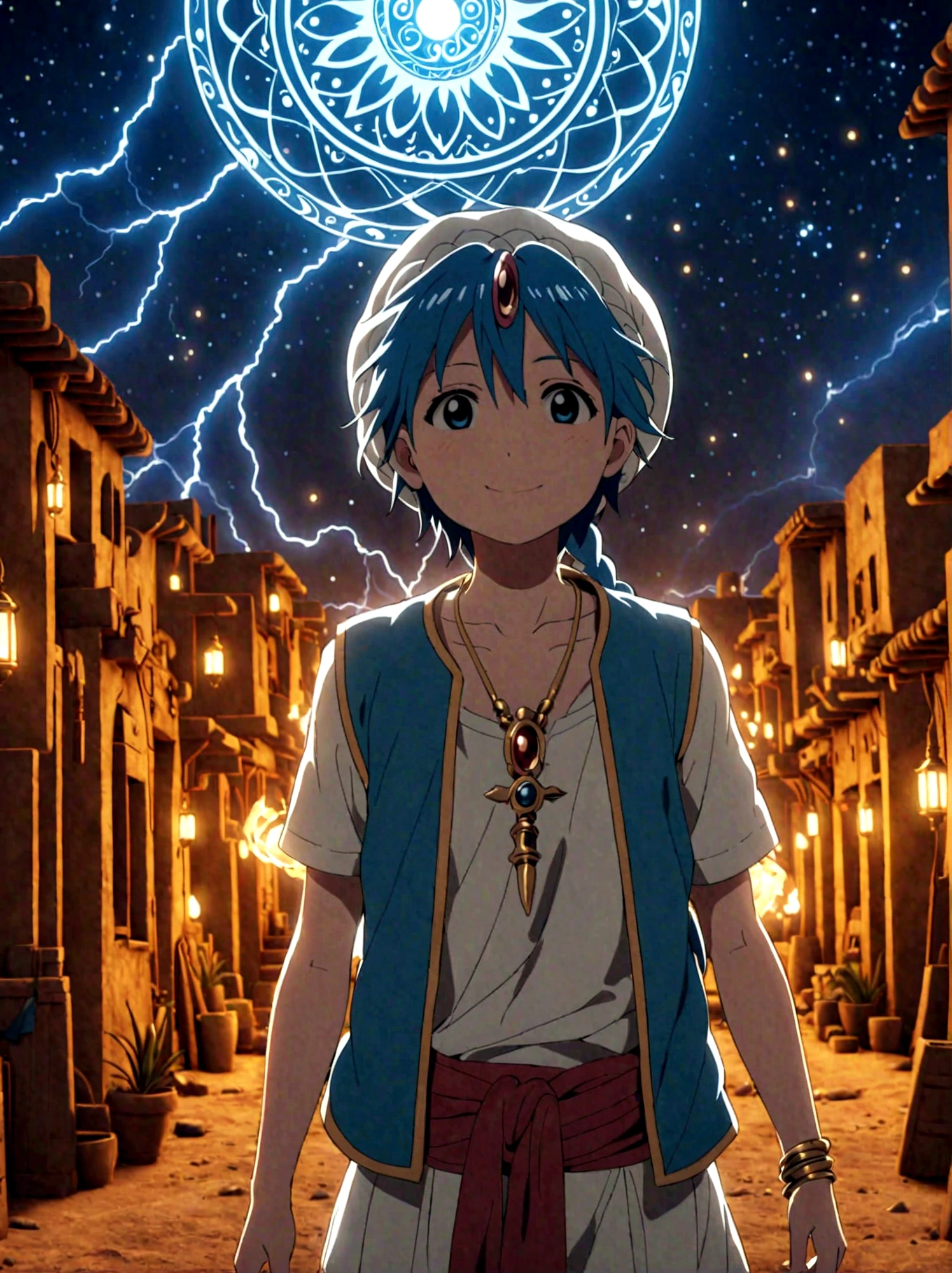 1boy，magi_aladdin，Standing alone in a desert town, He has short blue hair，With a braid，Wear a headscarf，Smiling，A flute pendant hangs around her neck，Wearing a blue vest, A magical explosion can be seen in the background，Super large magic circle，lightning，fighting，Mouth tightly shut，sneer，Soft lighting and detailed environments create an immersive environment，Let your imagination run wild with super details, Ultra-detailed face, High-quality visual effects, Sharp focus, Octane Rendering, 8k, Ultra HD