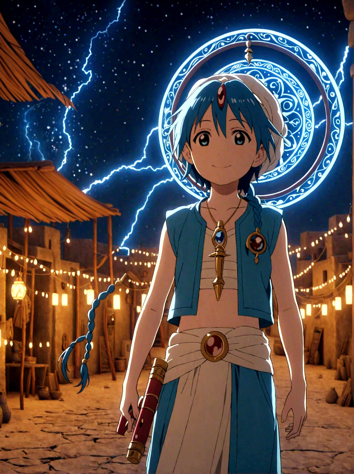 1boy，magi_aladdin，Standing alone in a desert town, He has short blue hair，With a braid，Wear a headscarf，Smiling，A flute pendant hangs around her neck，Wearing a blue vest, A magical explosion can be seen in the background，Super large magic circle，lightning，fighting，Mouth tightly shut，sneer，Soft lighting and detailed environments create an immersive environment，Let your imagination run wild with super details, Ultra-detailed face, High-quality visual effects, Sharp focus, Octane Rendering, 8k, Ultra HD