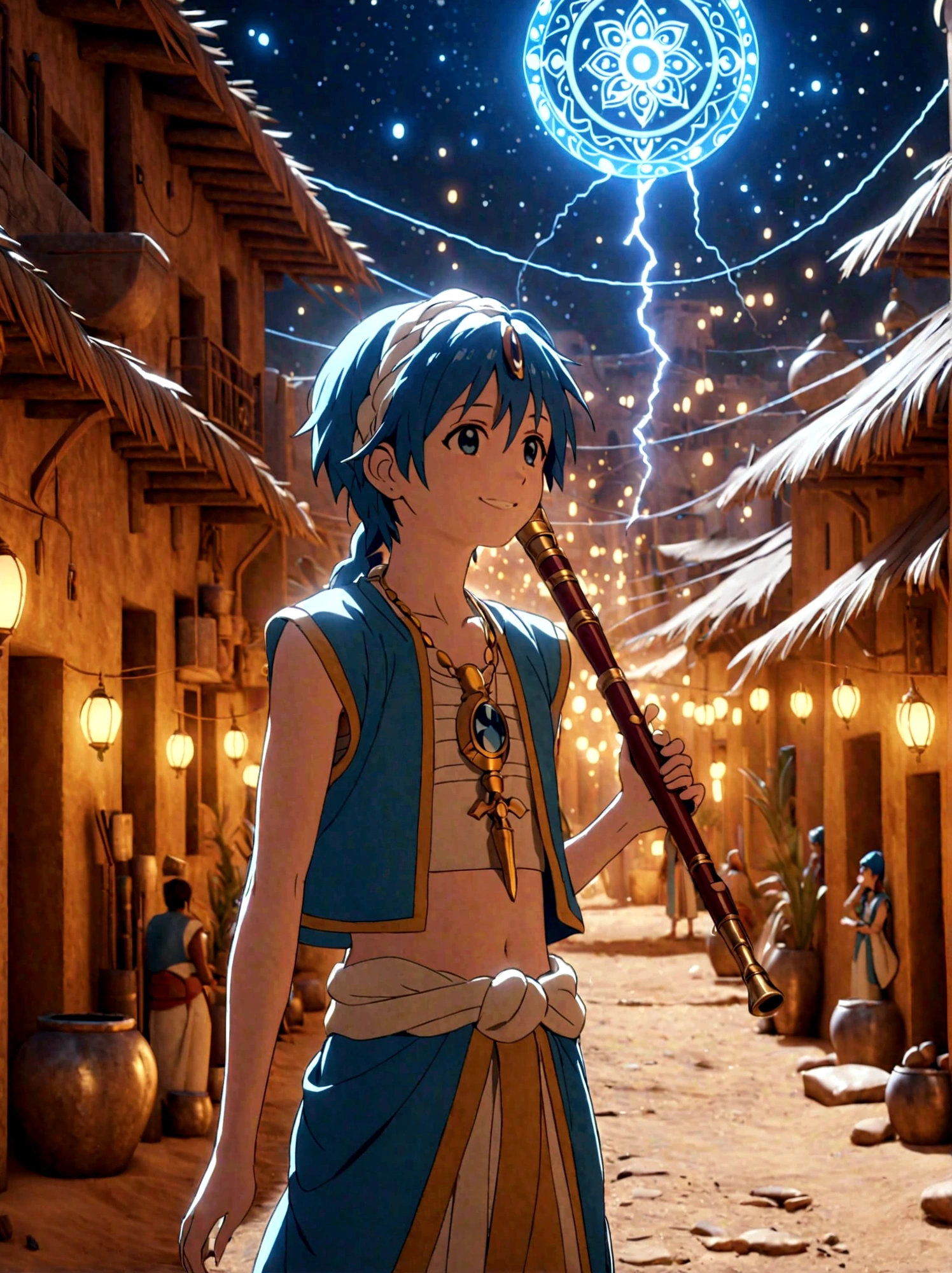 1boy，magi_aladdin，Standing alone in a desert town, He has short blue hair，With a braid，Wear a headscarf，Smiling，A flute pendant hangs around her neck，Wearing a blue vest, A magical explosion can be seen in the background，Super large magic circle，lightning，fighting，Mouth tightly shut，sneer，Soft lighting and detailed environments create an immersive environment，Let your imagination run wild with super details, Ultra-detailed face, High-quality visual effects, Sharp focus, Octane Rendering, 8k, Ultra HD