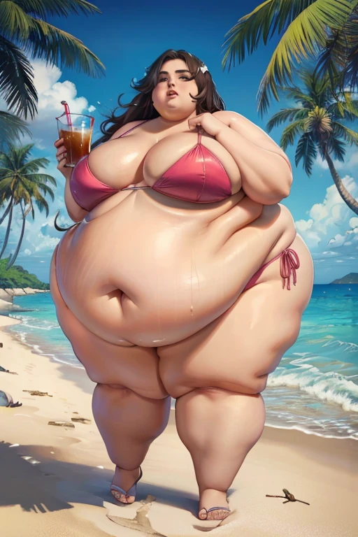 1 girl, morbidly obese gorgeous woman, long hair, (bikini), (double chin), overweight, (huge inflated belly), (belly inflation), big breasts, make-up, exotic island, drinking soda