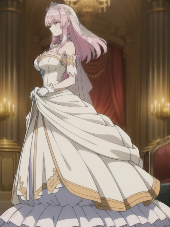 ((Best quality))),((Ultra-detailed)),((illustration)),((Disheveled hair)),((frilld)),(1 girl),(Solo), 1girl,solo,rating:safe,wedding,bare_shoulders,breasts,bridal_gauntlets,bridal_veil,cleavage,clothing,crown,curtsey,dress,drop_earrings,earrings,elbow_gloves,female,female_only,gloves,headdress,headwear,jewelry,layered_dress,long_hair,looking_at_viewer,necklace,skirt_hold,smile,standing,strapless,strapless_dress,tiara,veil,very_long_hair,white_dress,white_footwear,white_gloves, pink_hair,aqua_eyes