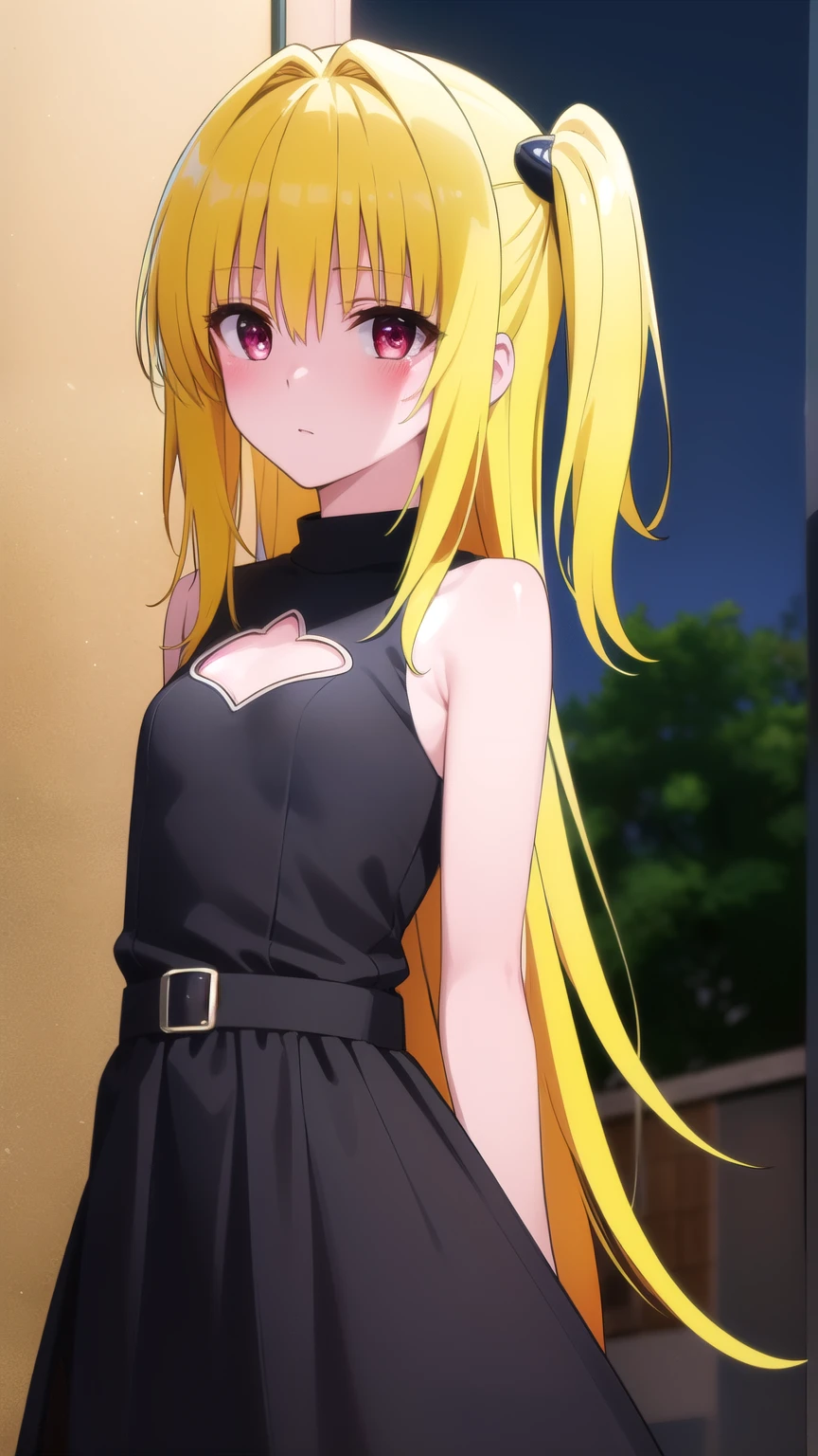 toloveruyami, yami, (yellow hair:1.5), long hair, (red eyes:1.5), (hair ornament:1.2), two side up, (small chest:1.2), 
BREAK sleeveless, detached sleeves, dress, black dress, black skirt, clothing cutout, cleavage cutout,
BREAK outdoors, night, sky, star \(sky\), moon,
BREAK looking at viewer, (cowboy shot:1.5),(blush:1.4)
BREAK (masterpiece:1.2), best quality, high resolution, unity 8k wallpaper, (illustration:0.8), (beautiful detailed eyes:1.6), extremely detailed face, perfect lighting, extremely detailed CG, (perfect hands, perfect anatomy),