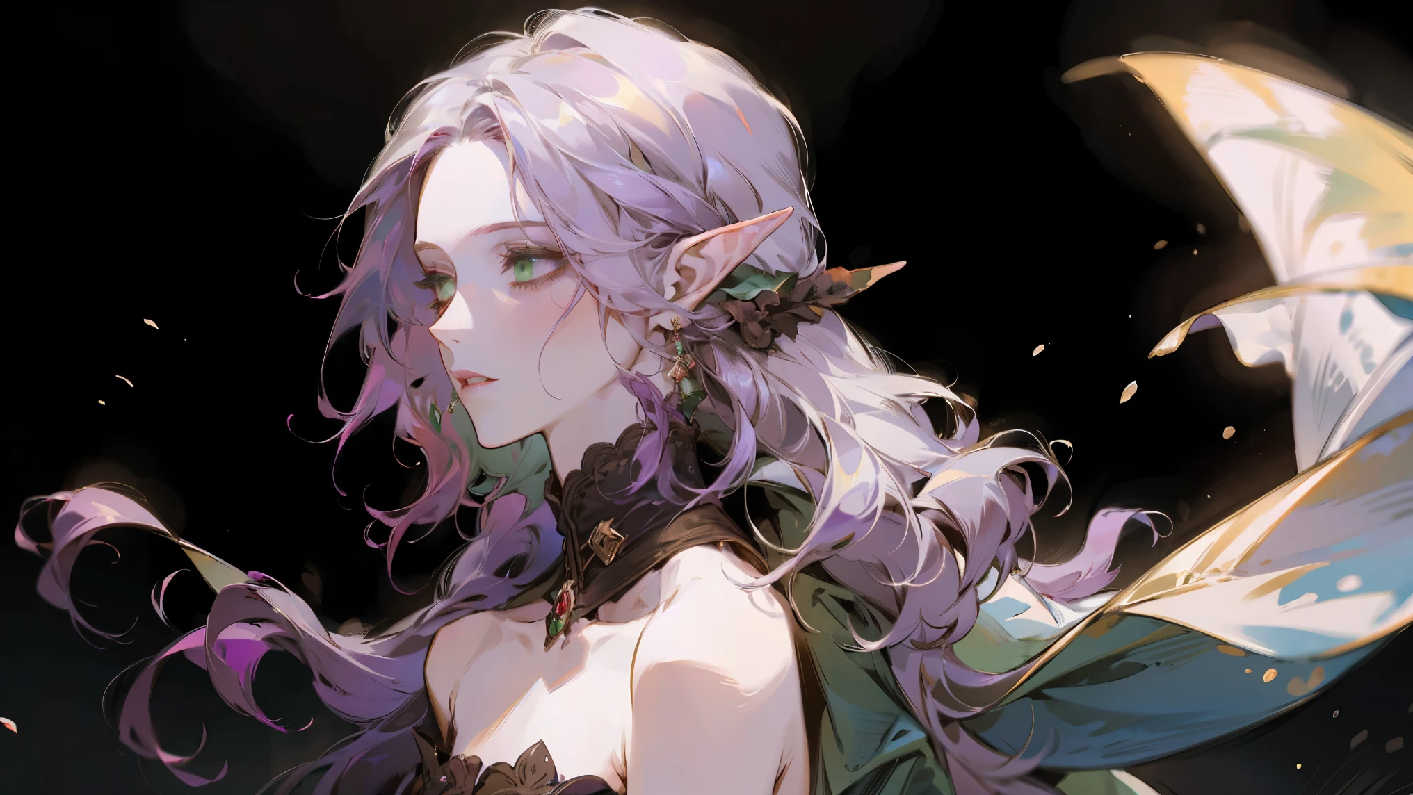 A beautiful, elegant girl with purple hair, green eyes and pale skin. Her hair is long and curly, she has two pretty tufts on the sides. She is an elf girl. elf ears. (she smiles:1.2). black background.