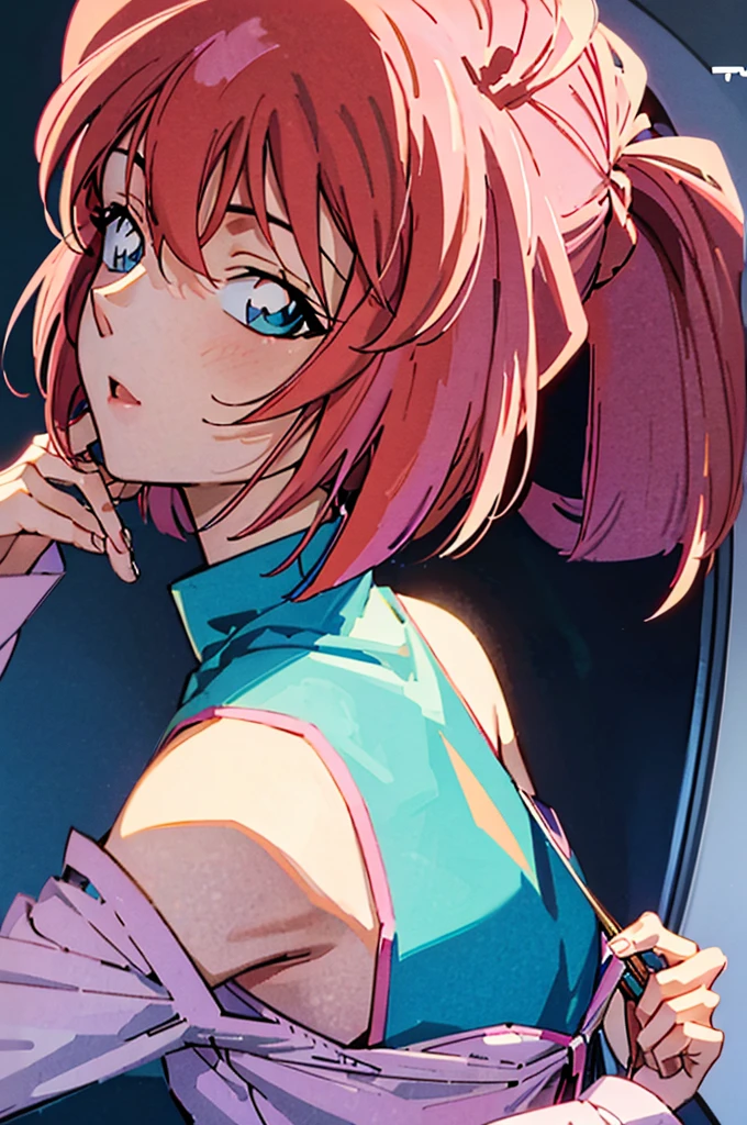 anime girl with pink hair and blue eyes weaAlsog a vest, April Rendering, sayori, Another close-up of Iwakura, 8K Portrait Rendering, Cute 3D anime girl render, Photorealistic anime girl rendering, Smooth anime CG art, Close-up of a young anime girl, Cute girl anime visuals, Also, Anime Moe Art Style