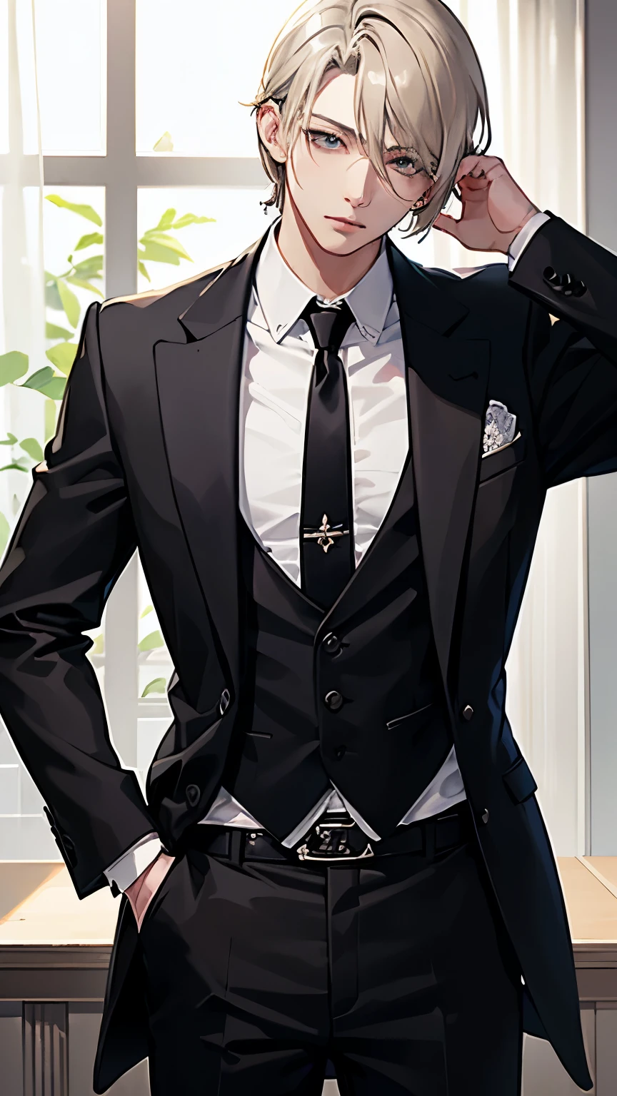 One boy, re4leonのカウボーイショット,Black suit、White shirt, Black trousers, , highest quality, masterpiece, Intricate details, Tone Mapping, Super detailed, Trending on Art Station, Realistic ,office