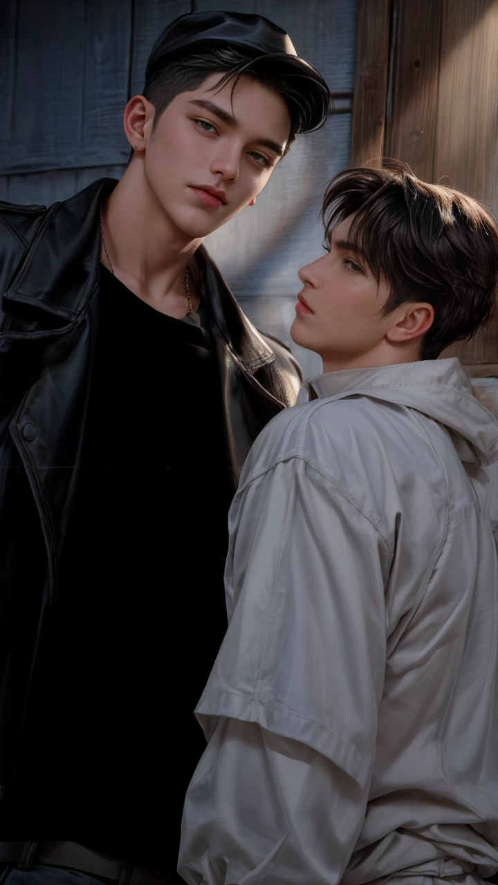 masterpiece, 1boy, young, handsome, black hair, undercut hair, hat, 1boy, handsome, brown hair, short hair, perfect face, detailed eyes and face,brown eyes, clean shaved, muscular, capturing a rural atmosphere, dynamic lighting, unreal engine 5