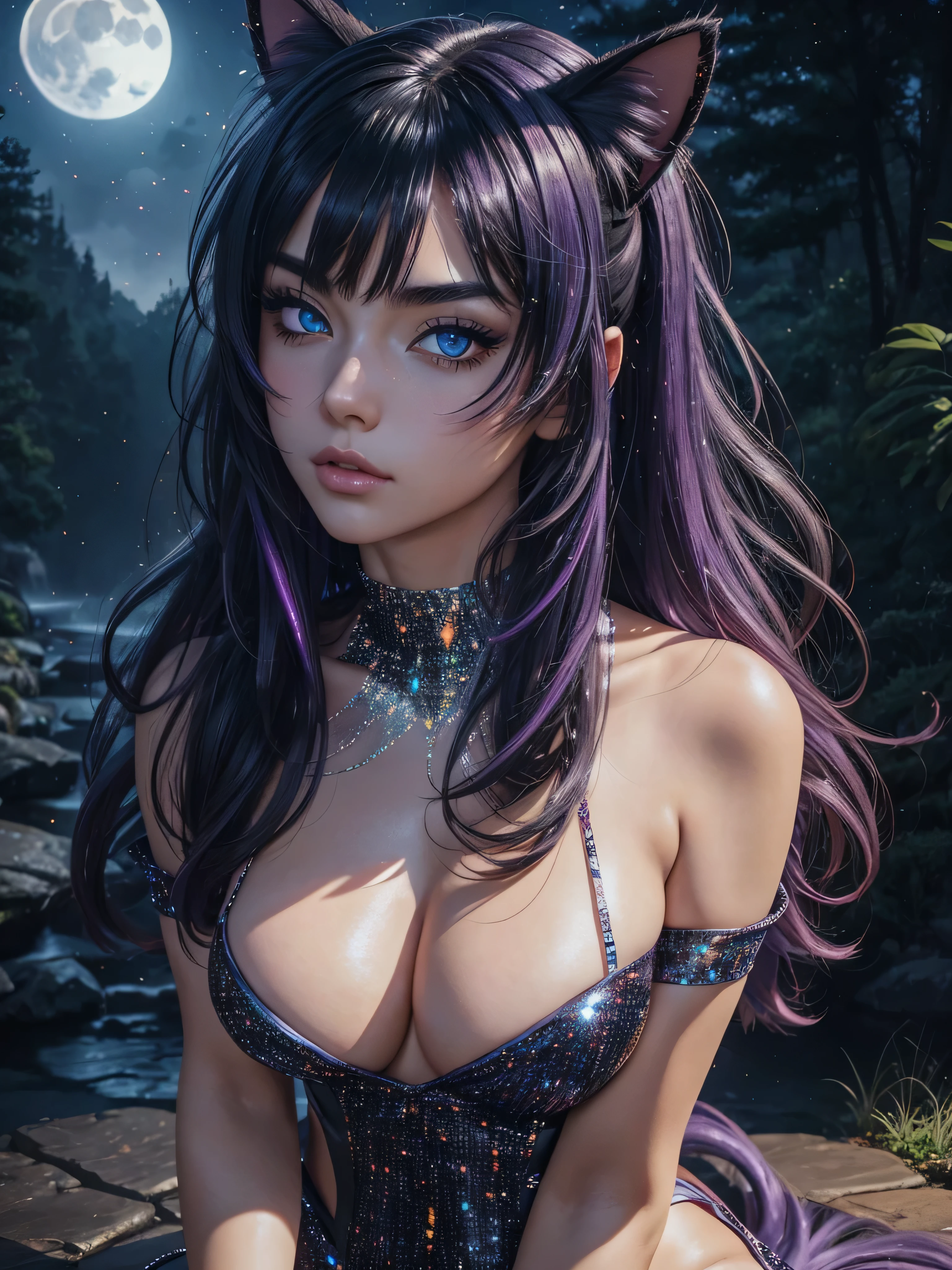 anime girl with cat ears and red lingersuit posing for a picture, seductive anime girl, hyperrealistic , beautiful alluring anime woman, 3d anime girl, attractive anime girl, seductive. highly detailed, anime highly detailed, , beautiful alluring anime teen, anime girl, a hyperrealistic , photorealistic anime girl render, yuri, cleavage, Mesmerizing eye contact, wooden floor, realistic, black hair, Watercolor touches, glitter lingersuit, amber eyes, big_natural_breasts, sagging_breasts, medium_breasts, Busty Milf, kneeling_forward, large_breasts, nsfw, luminescent lingersuit paint, night sky, full moon, hand on own head, waterfall, bioluminescent violet hair, niples, (Detailed eyes,Long eyelashes,Bright and colorful iris,Expressive eyebrows,Blend eyeshadow perfectly,Eyes sparkle,Reflective eyeballs, Heterochromia)