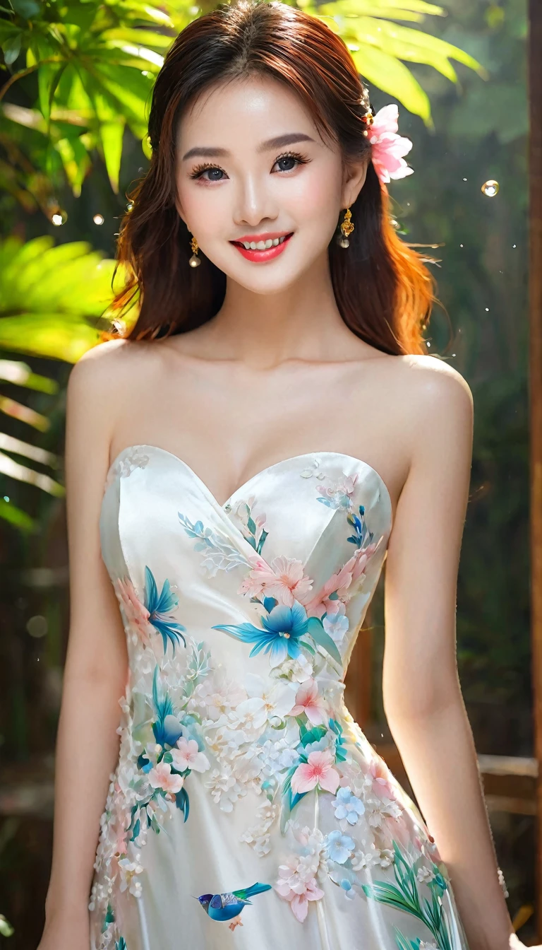 very beautiful girl, asian mixed idol model;
(((Girl wearing a silk dress rents flowers, Leaves, birds, colourful)));
((lifelike:1.2)), ((masterpiece:1.2)), ((Highest quality image)), ((not NSFW)), ((8K)), CG, HD, ((high solution và tương phản)), ((Super nice graphics)), ((professional)), ((màu sắc detail và rực rỡ)), ((Super smooth image)), ((Advanced photography techniques)), ((RAW thật)), ((Kết cấu ảnh perfect)); Complex lighting, yellow-black rays, ((Face lighting));
sunlight ((lấp Leavesnh)), ((illuminate the girl's body));
glossy pink lips, phấn mắt hồng, eyelash, blush, mỹ phẩm, aa bright white, lỗ chân lông detail, da stretch the ball, da stretch the ball; bàn tay perfect, spotless; ivory white skin, ruddy, stretch the ball, shiny;
golden red hair, smooth, floating in the sunlight, detail;
blue eyes, charming, ((trang điểm high solution)), true, ((damp)), detail, phấn mắt hồng;
two delicate eyelids, đẹp perfect, detail, eyelash đen;
Arched eyebrows, dear, high solution, detail;
khuôn mặt xinh đẹp và perfect, holiness, light makeup, cân đối perfect, đẹp đến từng detail, ((shiny)), mỹ phẩm;
Beautiful nose, lovely, cao, detail;
blush, prominent cheekbones, detail;
đôi môi charming, glossy pink lips;
Bright smile, pure white teeth, detail;
beautiful hands, perfect, ((error-free)), no disability;
cơ thể siêu perfect, full of life;
big and plump breasts, Raised nipples, Deep chest slit, toning, detail;
mông nở nang, shiny;