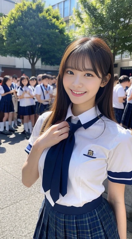 highest quality、masterpiece、solo、Beautiful Japanese 、、Sexy Uniform、Big Tits、(Photographing a subject from an angle)、skinny、 (胸元がチラリと見えるSexy Uniform)、(Visible lower milk、Uniforms that reveal ribs and belly buttons)、You can see the super mini skirt 、Uniform without sleeves、Happy smile、((Watching the audience))、Blushing、School classroom