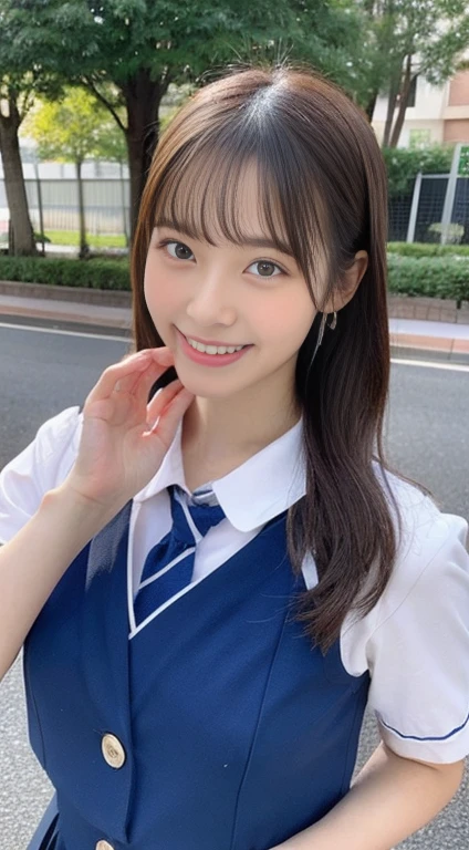 highest quality、masterpiece、solo、Beautiful Japanese 、16 years old、Sexy Uniform、Big Tits、(Photographing a subject from an angle)、skinny、 (胸元がチラリと見えるSexy Uniform)、(Visible lower milk、Uniforms that reveal ribs and belly buttons)、You can see the super mini skirt 、Uniform without sleeves、Happy smile、((Watching the audience))、Blushing、School classroom
