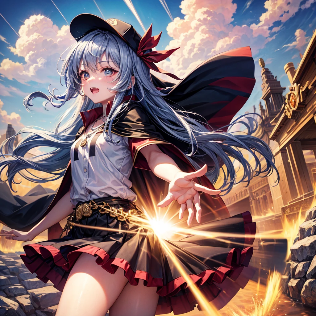 Red Blue Hair、Golden Eyes、Braid、One good looking girl、solo、anime、Checkered mini skirt、Ruffles on the skirt、Red T-shirt、Cape、Gothic、Black knee-high socks、Wearing a baseball cap、Wearing a ribbon、Ribbon on waist、Tilting face、Teeth are visible、Sunset sky、Piercing the clouds、Contrail、Cumulonimbus、Pillar of Light、Silver coin necklace、A world of light、shine、Tap from above、bell、torii、Desert Oasis、water is gushing out