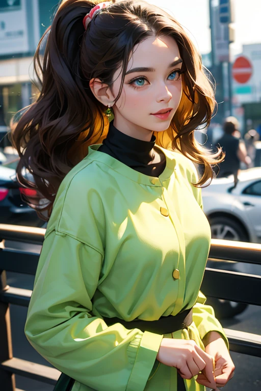 Female((30-years old)), hair((Wavy, Golden brown)), Eyes((smart Eyes, Green)), Clothes((New York Fashion Week, light Green)), Smiling, Breast Out, Ponytail, Accessories,