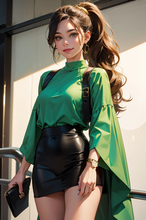 Female((30-years old)), hair((Wavy, Golden brown)), Eyes((smart Eyes, Green)), Clothes((New York Fashion Week, light Green)), Smiling, Breast Out, Ponytail, Accessories,