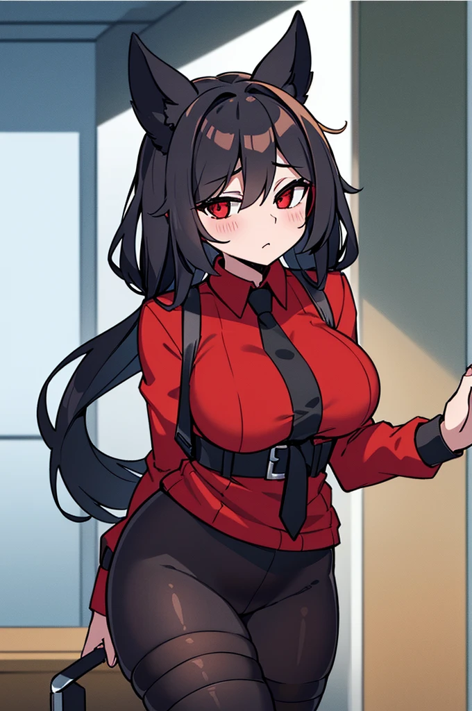 anthro big breasts biped black hair blush breasts clothing container cup female hair holding container holding cup holding object legwear red sclera solo thigh highs