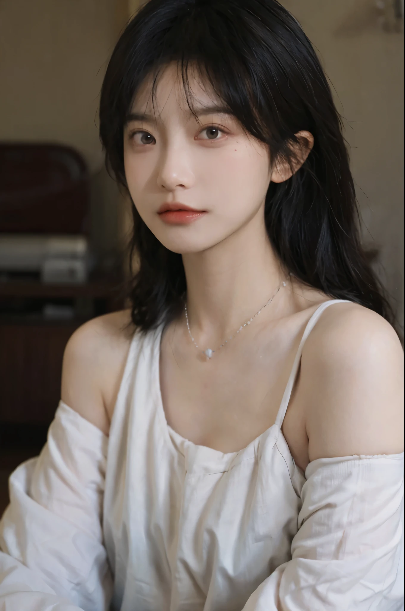 Film portrait photography, 1 girl, bare shoulders,lipstick,(flat chest:1.4), Shoulder length wavy hair, wear necklace,Headbands,short sleeves,serene, calm, (Realistic and detailed eyes, natural skin texture, Realistic facial details), Soft dramatic lighting, depth of field, Bokeh, Vibrant details, detailed meticulous, hyper-realistic, 35mm film, hazy, ,