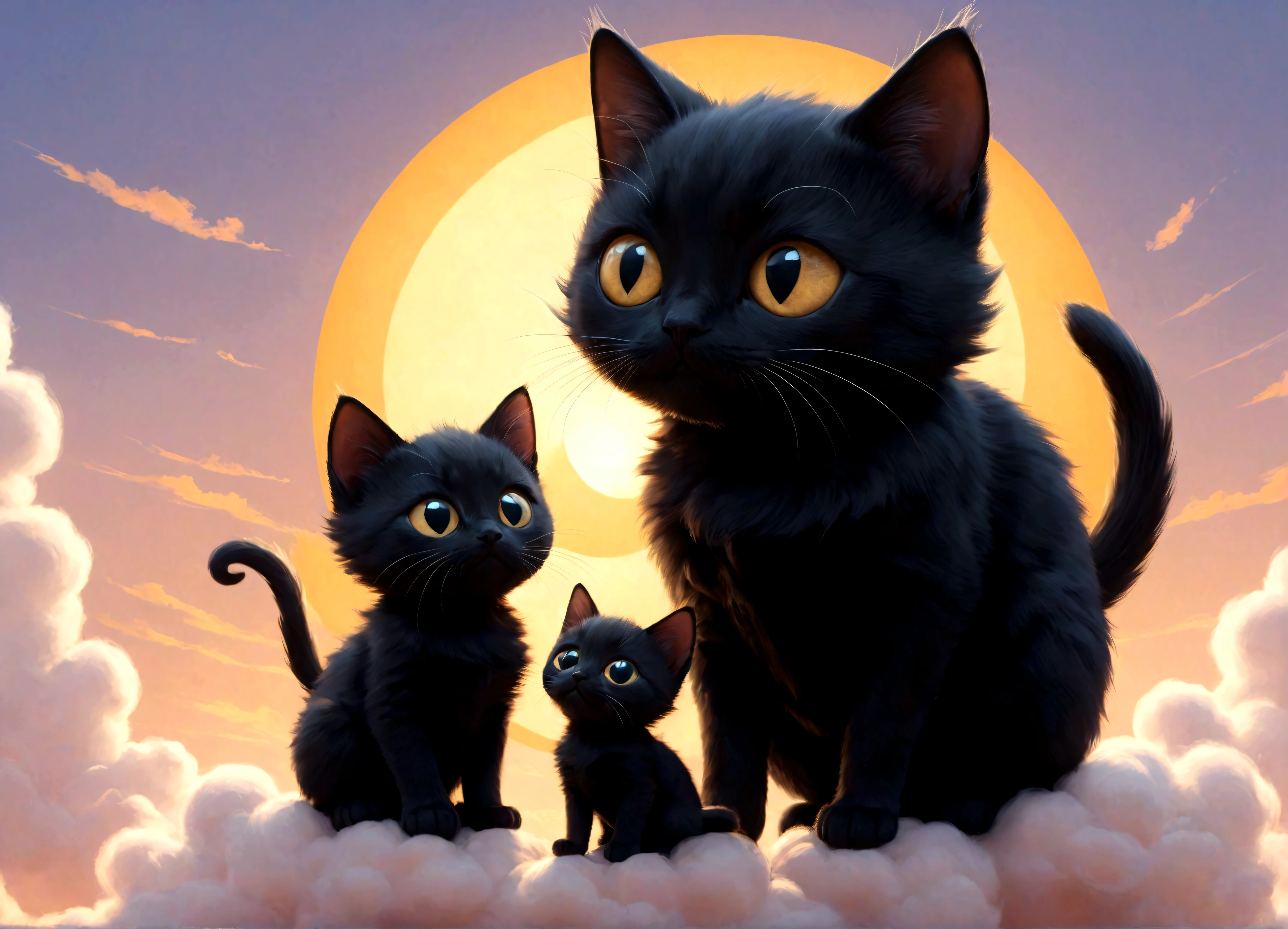 Black cat parents and their baby kittens, Picture-book clouds and sun, wind effects, edgy touches and shiny details, Use pastel colours with a thick brush, desenho em pormenor, high detail, Digital Art, Octane Render, 3D Rendering