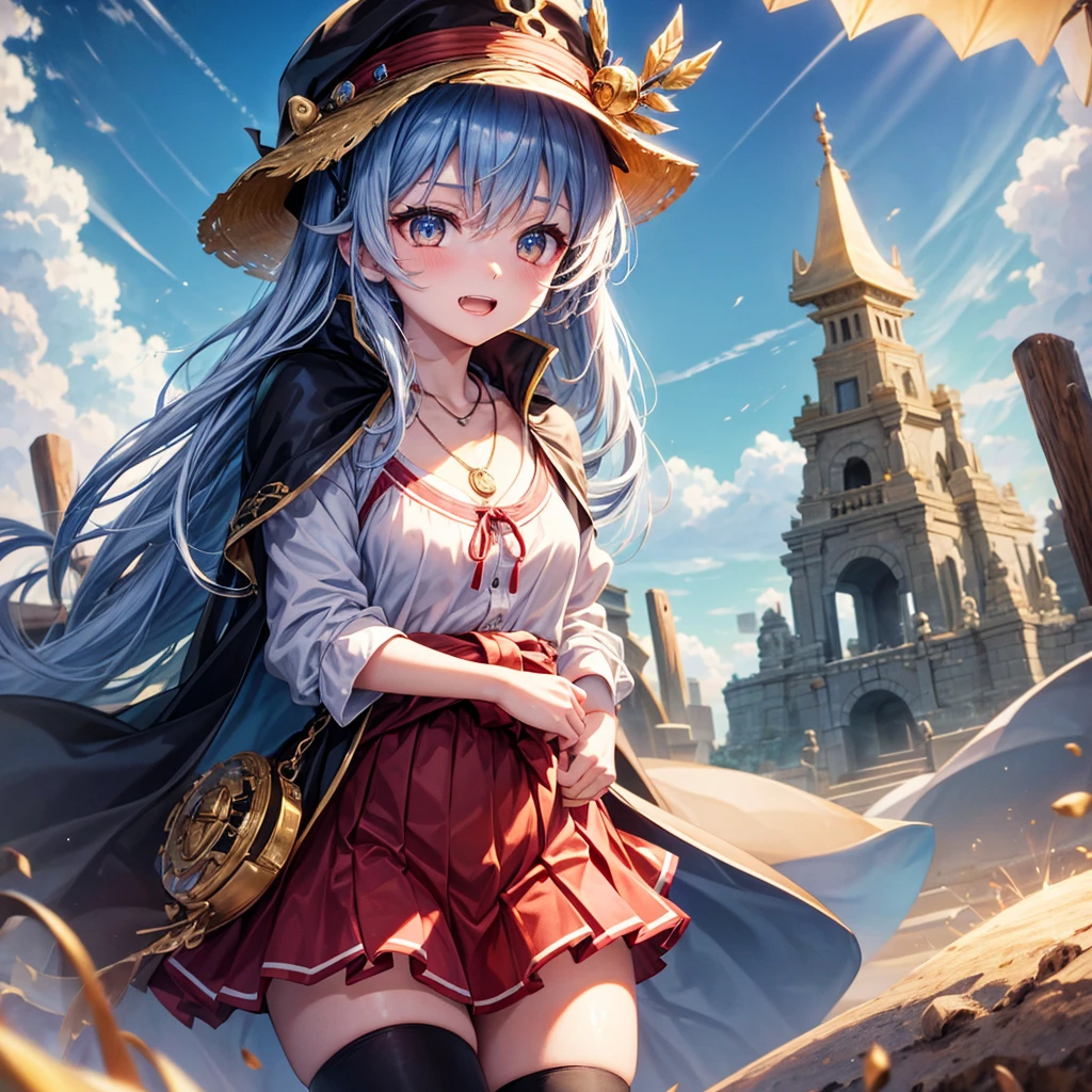 Red Blue Hair、Golden Eyes、Braid、One good looking girl、solo、anime、Checkered 、Ruffles on the skirt、Red T-shirt、Cape、Gothic、Black knee-high socks、Wearing a baseball cap、Wearing a ribbon、Ribbon on waist、Tilting face、Teeth are visible、Sunset sky、Piercing the clouds、Contrail、Cumulonimbus、Pillar of Light、Silver coin necklace、A world of light、shine、Tap from above、bell、torii、Desert Oasis、water is  out