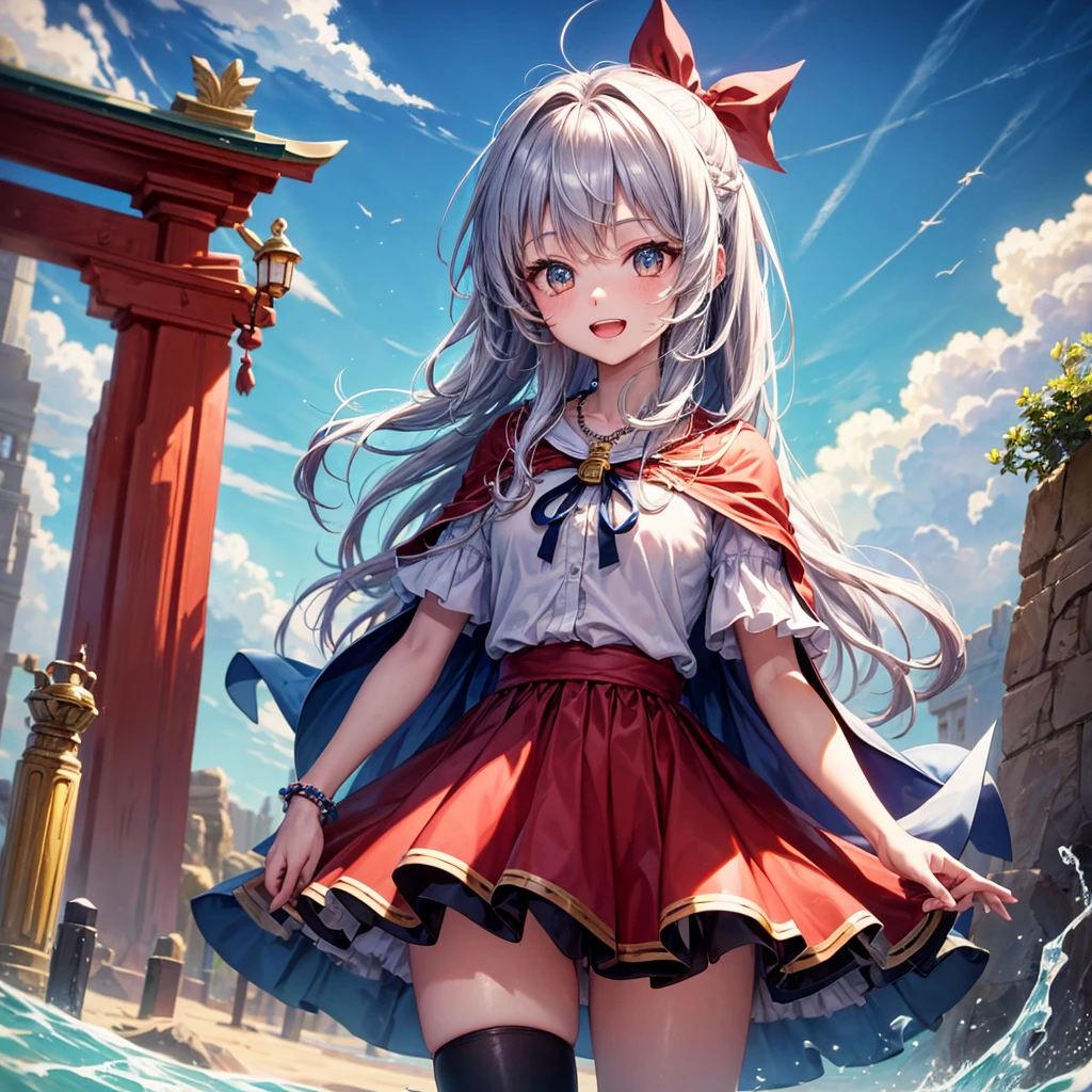 The best of Masterpiece, the best of landscapes, Improved quality, High quality, Good anatomy, Healthy body, Whole fingers, Normal digits, 16k quality image, Girl, beautiful girl, perfect body, full body, perfect girl, perfect skin, long or short messy hair or stright hair, white sleeveless shirt, hand socks, red mini skirt, black shoes, hairstyle, ear accessories, neck accessories, arm accessories, hand accessories, slip breast, small breasts, hard breasts, double color on hair