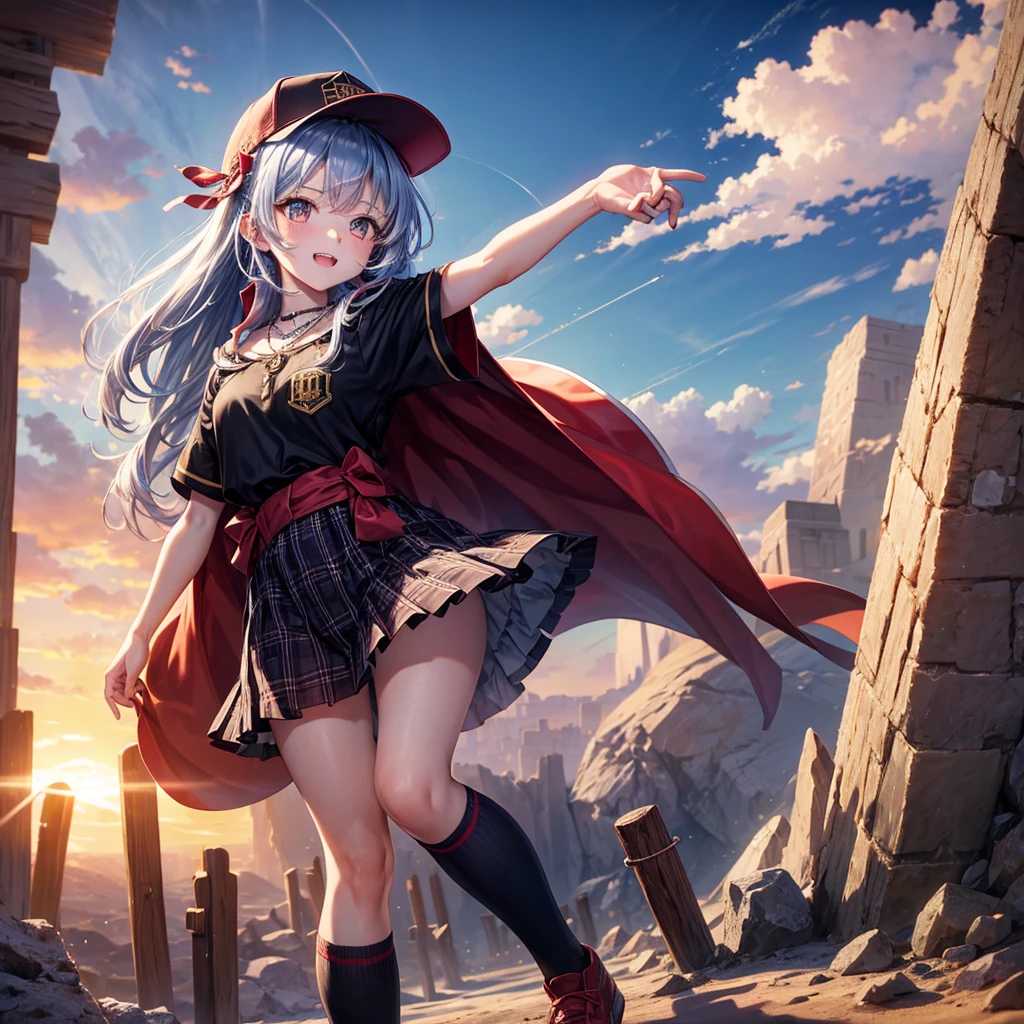 Red Blue Hair、Golden Eyes、Braid、One good looking girl、solo、anime、Checkered mini skirt、Ruffles on the skirt、Red T-shirt、Cape、Gothic、Black knee-high socks、Wearing a baseball cap、Wearing a ribbon、Ribbon on waist、Tilting face、Teeth are visible、Sunset sky、Piercing the clouds、Contrail、Cumulonimbus、Pillar of Light、Silver coin necklace、A world of light、shine、Tap from above、bell、torii、Desert Oasis、water is gushing out