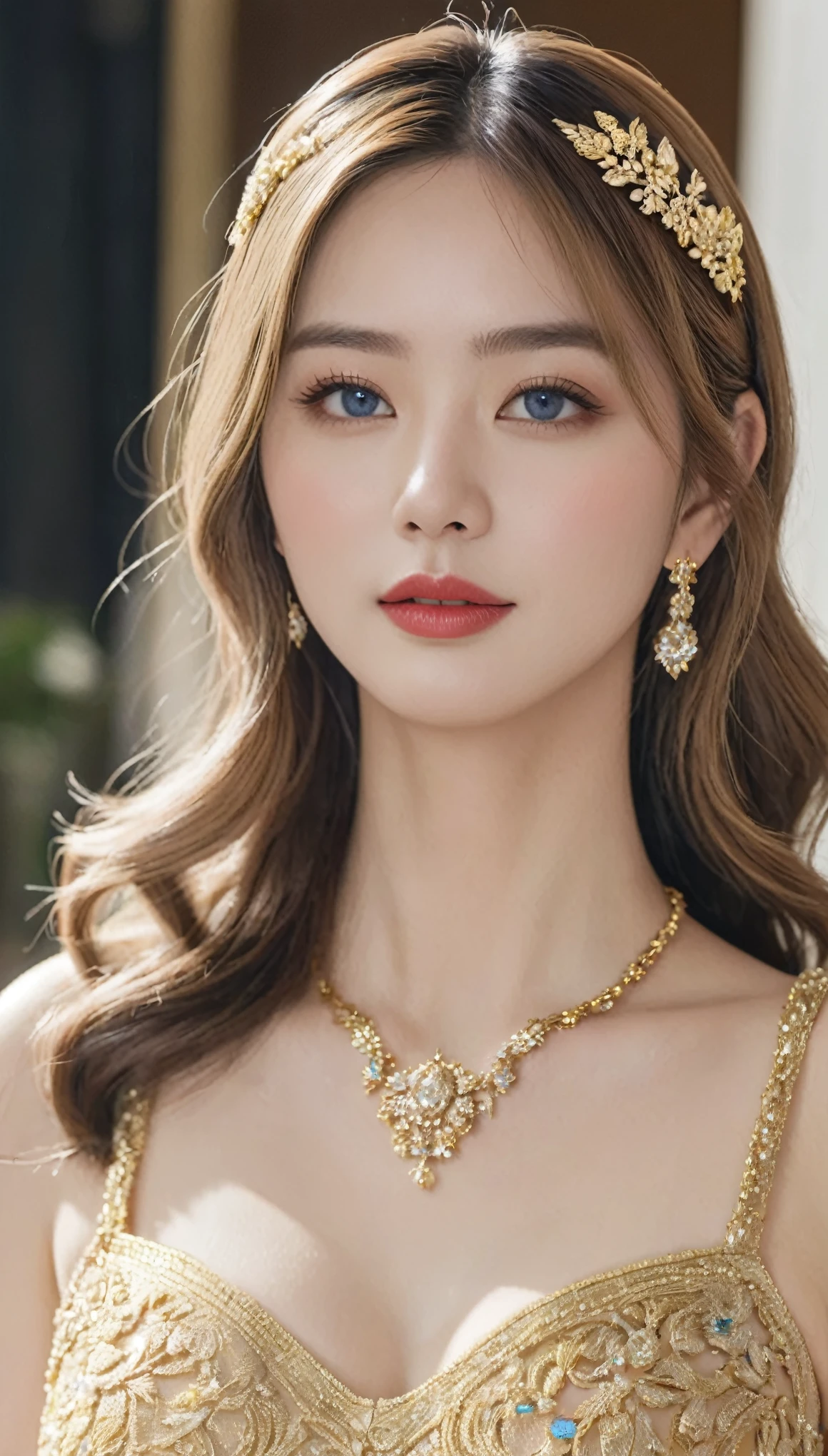 masterpiece,highest quality,Excellent,(beauty女性_beauty:1),(Golden Dress:1.3), (35 year old beauty:1.3),、bigbig big ,Hyper Real, Glittering palaces of Europe.,Beautiful woman,、Sexy Woman、Delicate skin texture to the smallest detail、Detailed blue eyes (big big big)、中年beauty女性、(((Fluffy long blonde hair)))、(((big, big, big胸の谷間)))、big胸の谷間、豪華に装飾されたGolden Dress、Gorgeous and glamorous gold tiara、flashy gold high heels、Pure gold and jewellery necklaces and collars、Big gold earrings、Bright red lips、豪華なGolden Dressを着ている、Golden Long Globe、She is very beautiful、(Attend a lavish party)、
