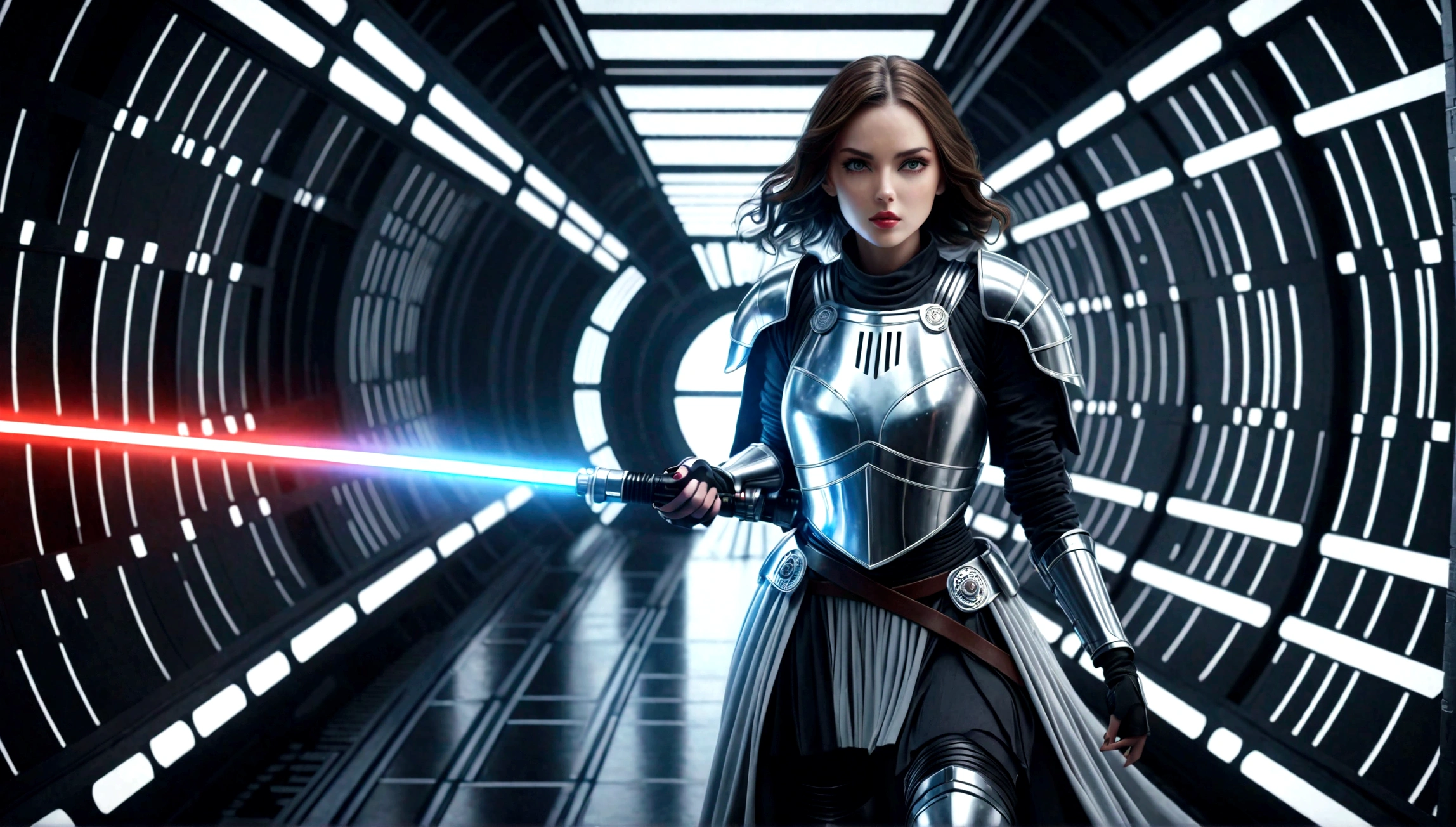 A detailed female knight, cloak, beautiful detailed eyes, beautiful detailed lips, extremely detailed face, long eyelashes, wielding a glowing lightsaber, slashing through the metallic hallway of the Death Star, dramatic lighting, cinematic composition, vibrant colors, photorealistic, 8K, high quality, intricate details, dynamic action, science fiction, cinematic style