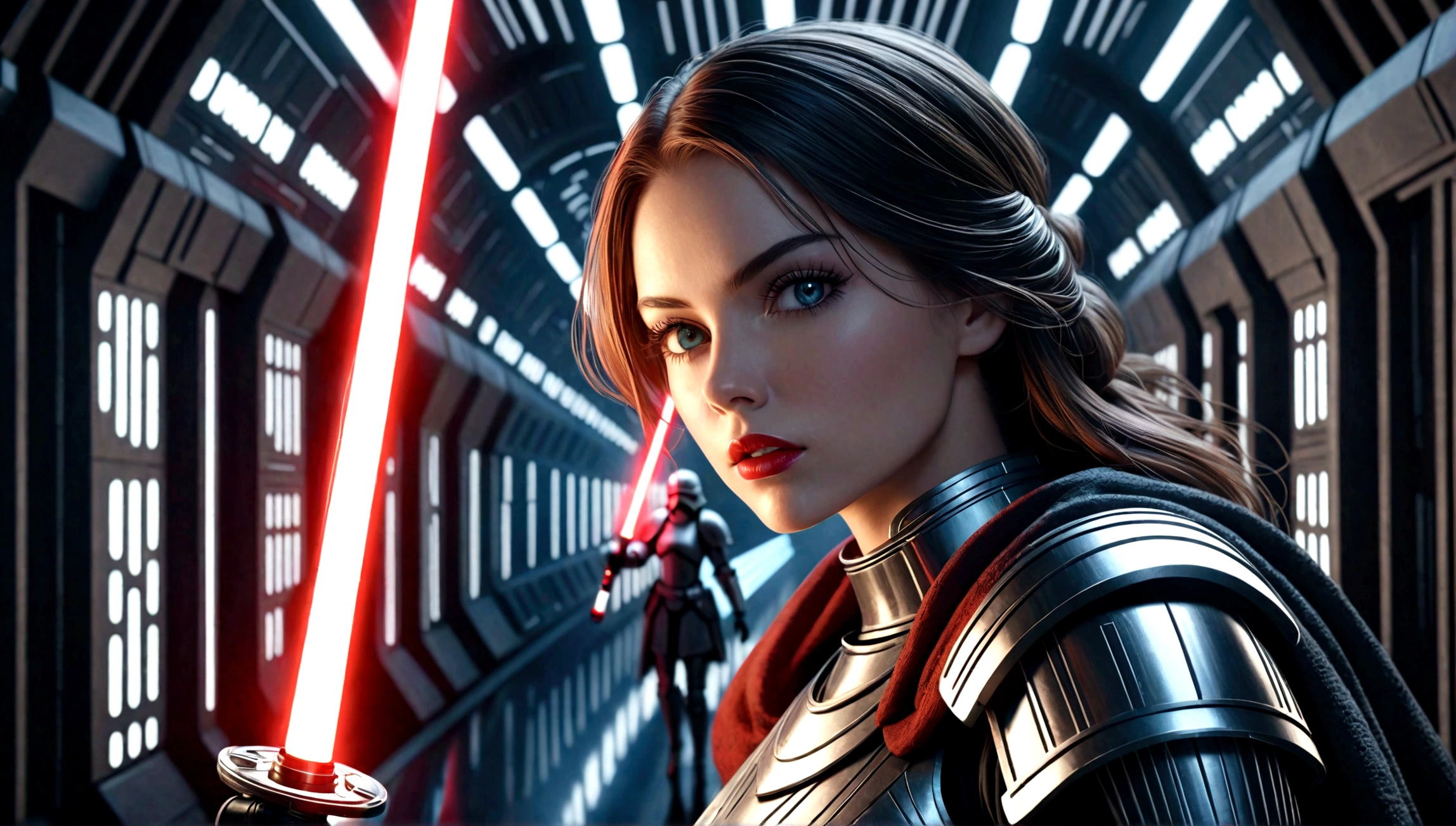 A detailed female knight, cloak, beautiful detailed eyes, beautiful detailed lips, extremely detailed face, long eyelashes, wielding a glowing lightsaber, slashing through the metallic hallway of the Death Star, dramatic lighting, cinematic composition, vibrant colors, photorealistic, 8K, high quality, intricate details, dynamic action, science fiction, cinematic style